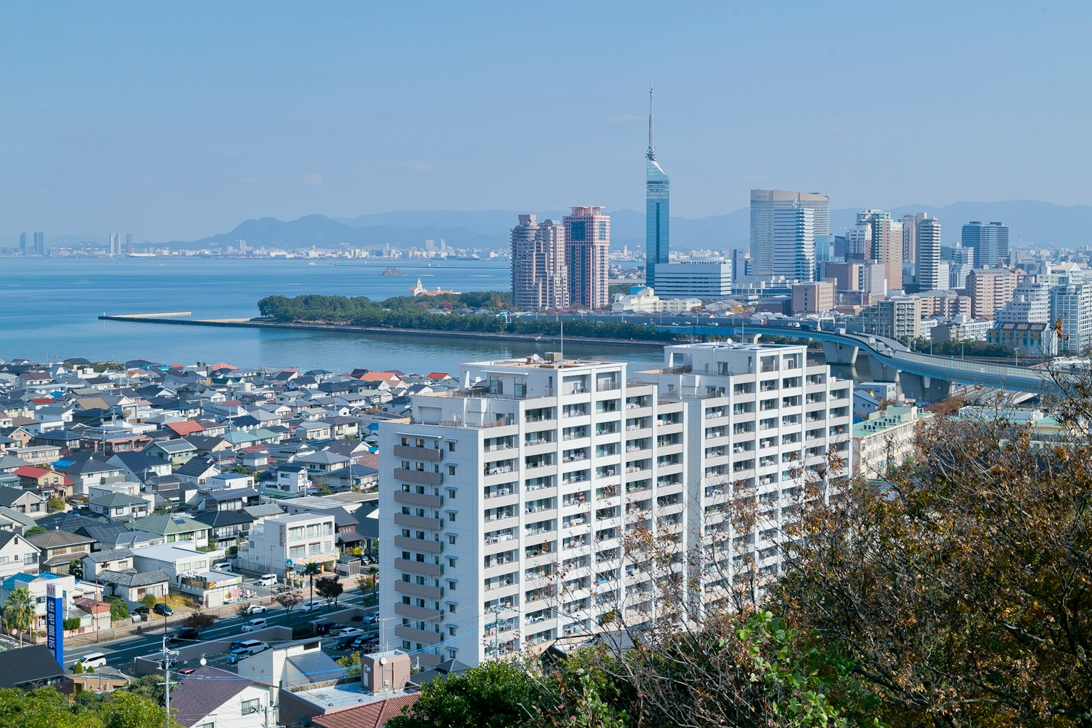Urban landscape of Fukuoka with coastal view
