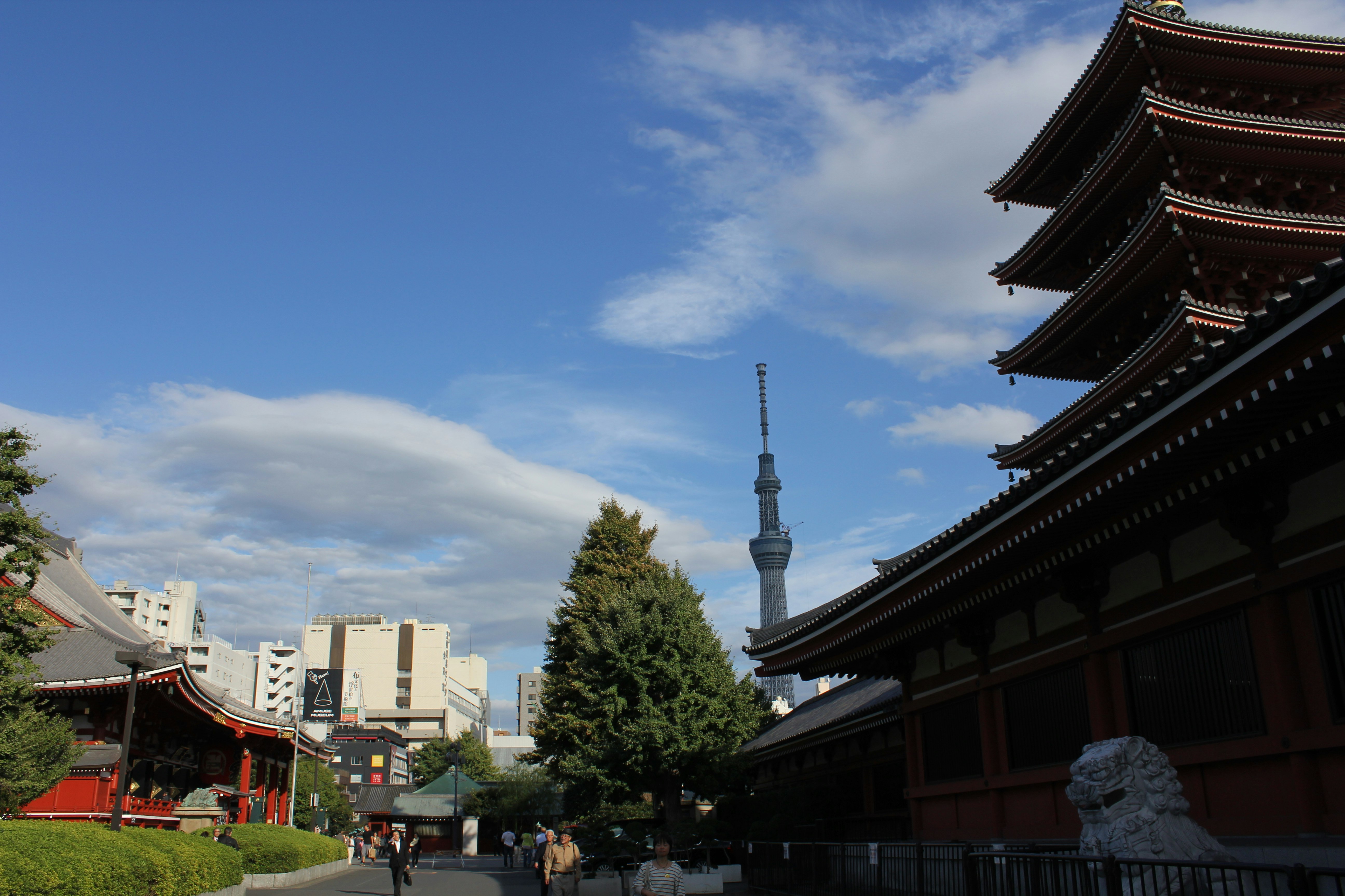 寺院の大屋根と青空の下の参道