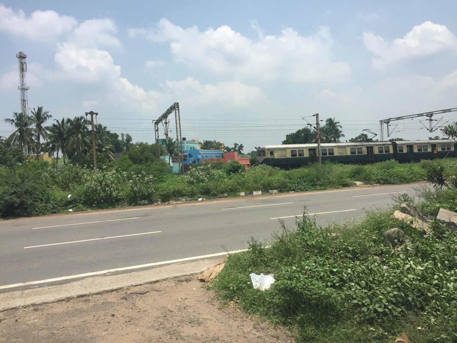 Lush green landscape beside a road with a passing train