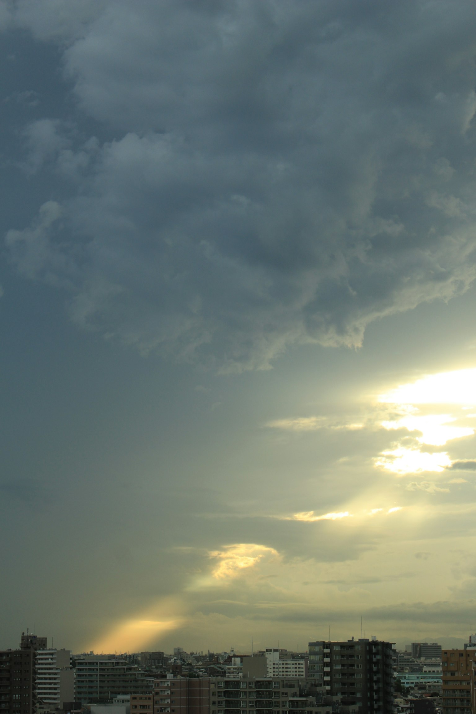雲が広がる空と夕日が差し込む都市の風景