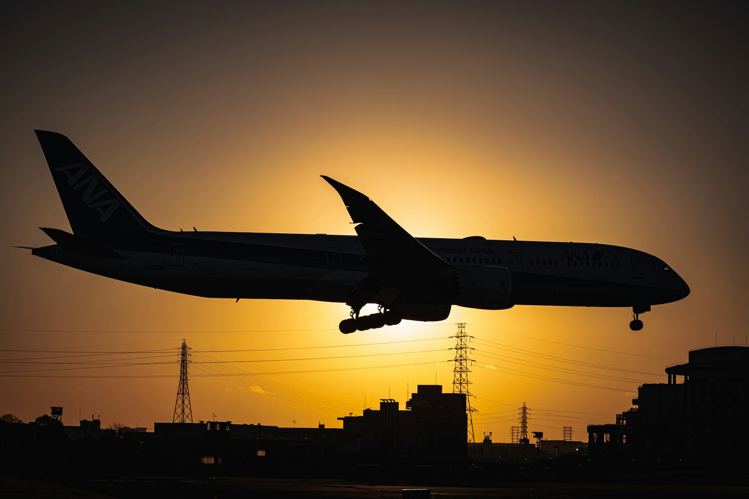 Silhouette eines Flugzeugs, das gegen einen Sonnenuntergang landet