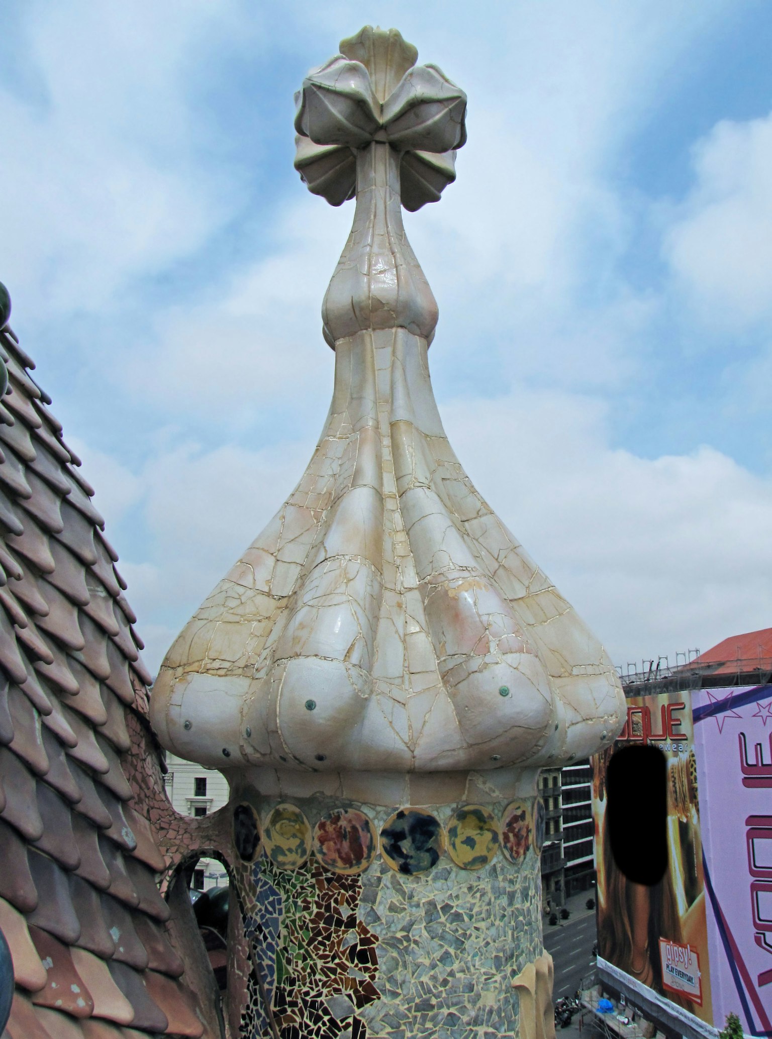 Unique white tile spire from Gaudi's Casa Batlló rooftop