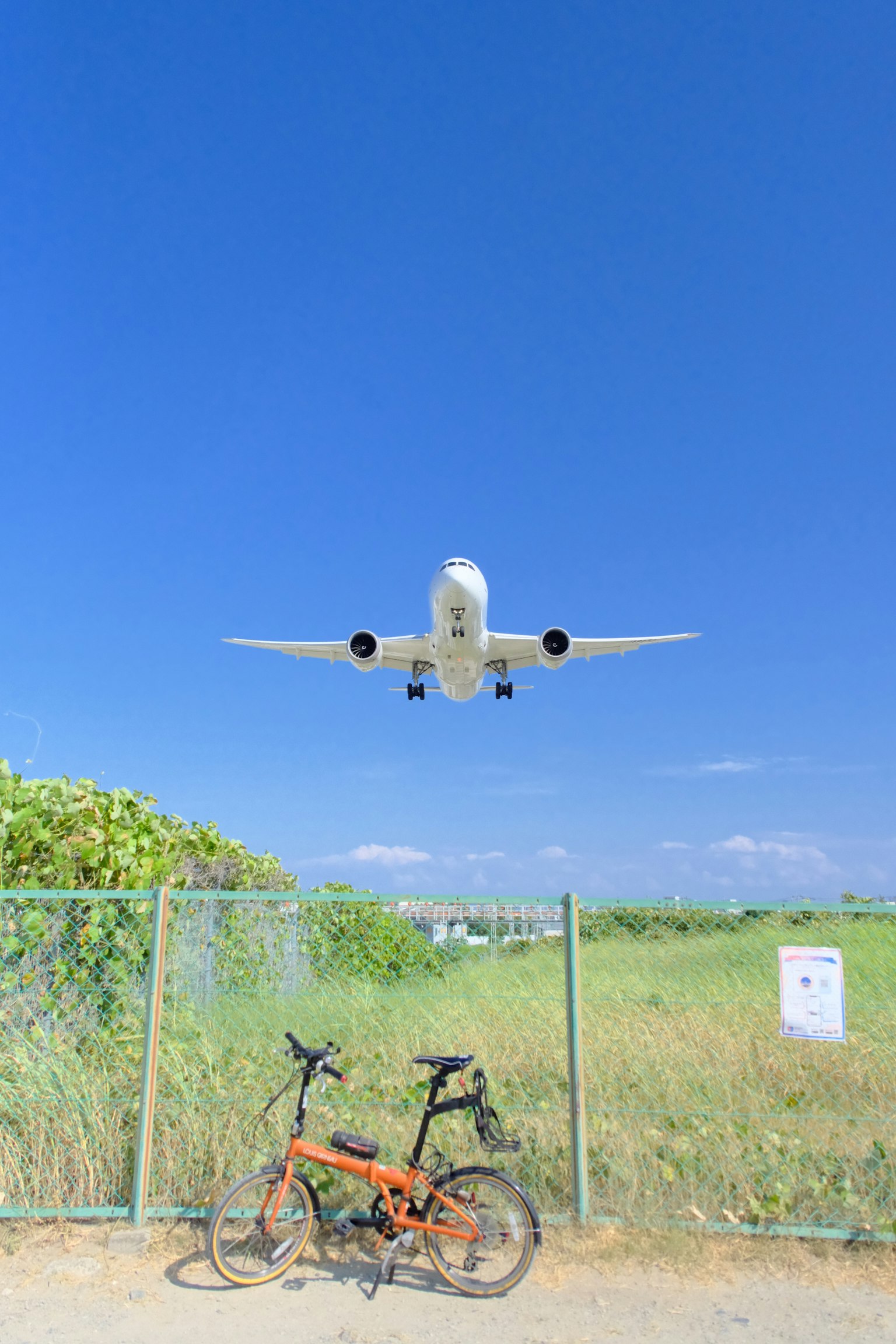 青空の下で飛行機が着陸する様子と自転車が前景にある風景
