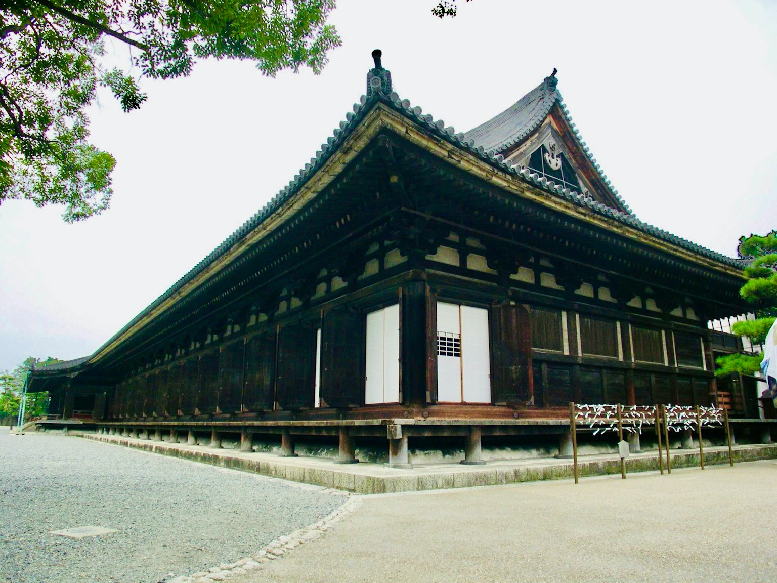 历史寺庙建筑的侧面视图 周围环绕着绿色树木 特色传统屋顶和木质结构