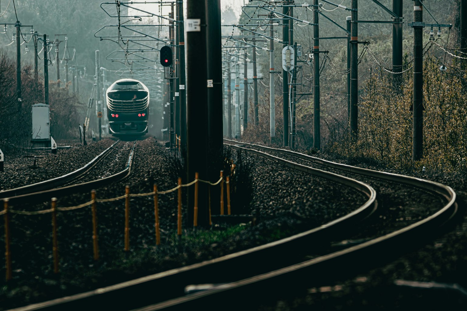 在霧中駛來的火車與彎曲的軌道