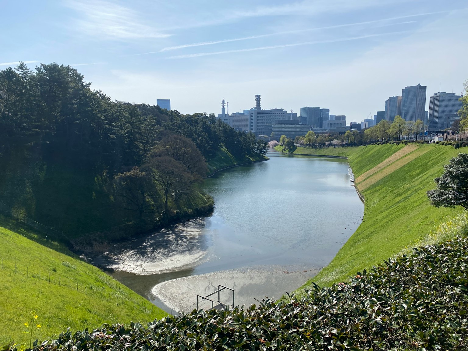 城市风景，绿丘与流动的河流