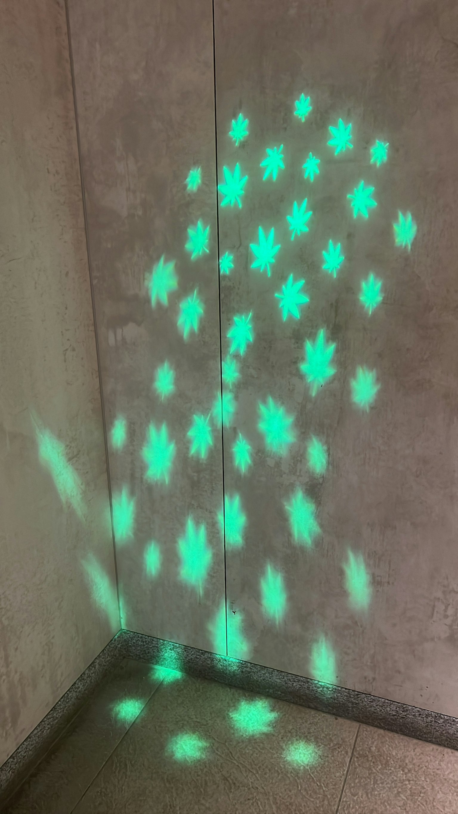 Grünes Lichtmuster, das an die Wand projiziert wird, mit verstreuten sternförmigen Schatten