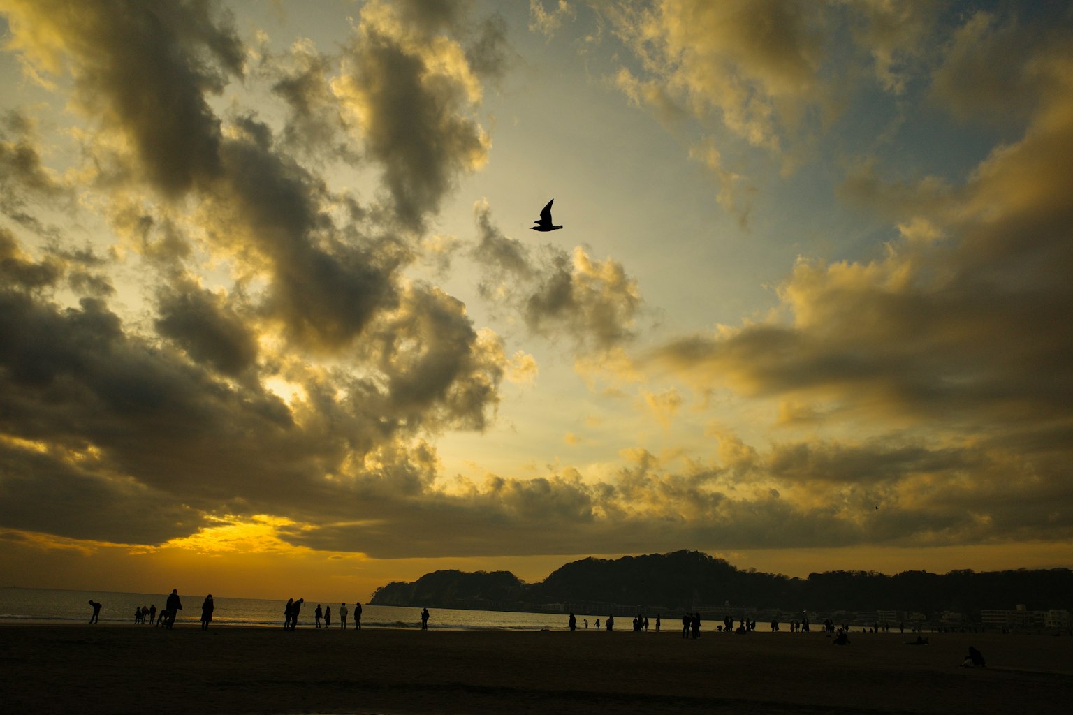 Silhouettes of people walking along a beach at sunset with dramatic clouds