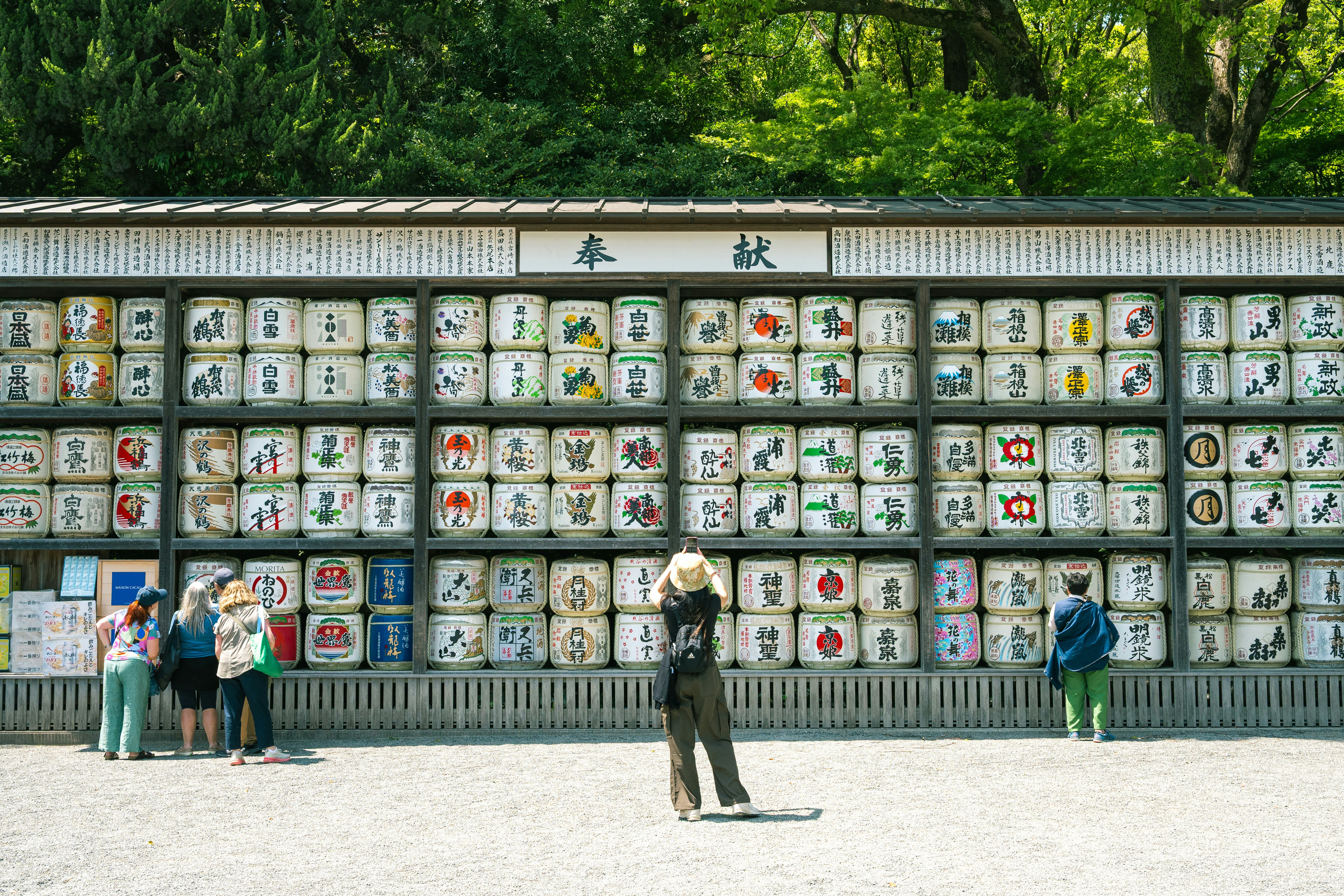 Visitors admiring wooden ema plaques at a shrine surrounded by lush greenery
