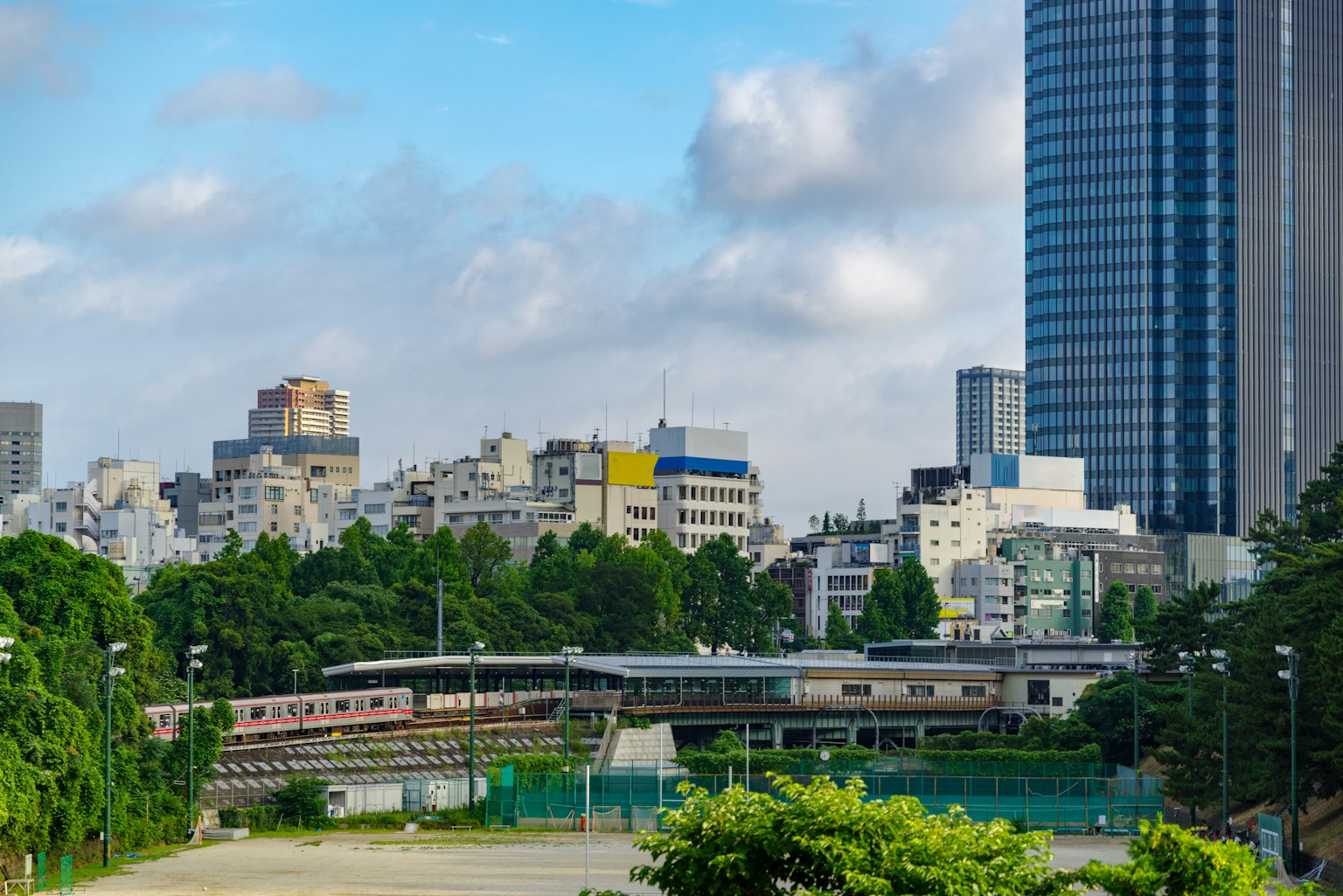 城市风景，展示摩天大楼和郁郁葱葱的公园