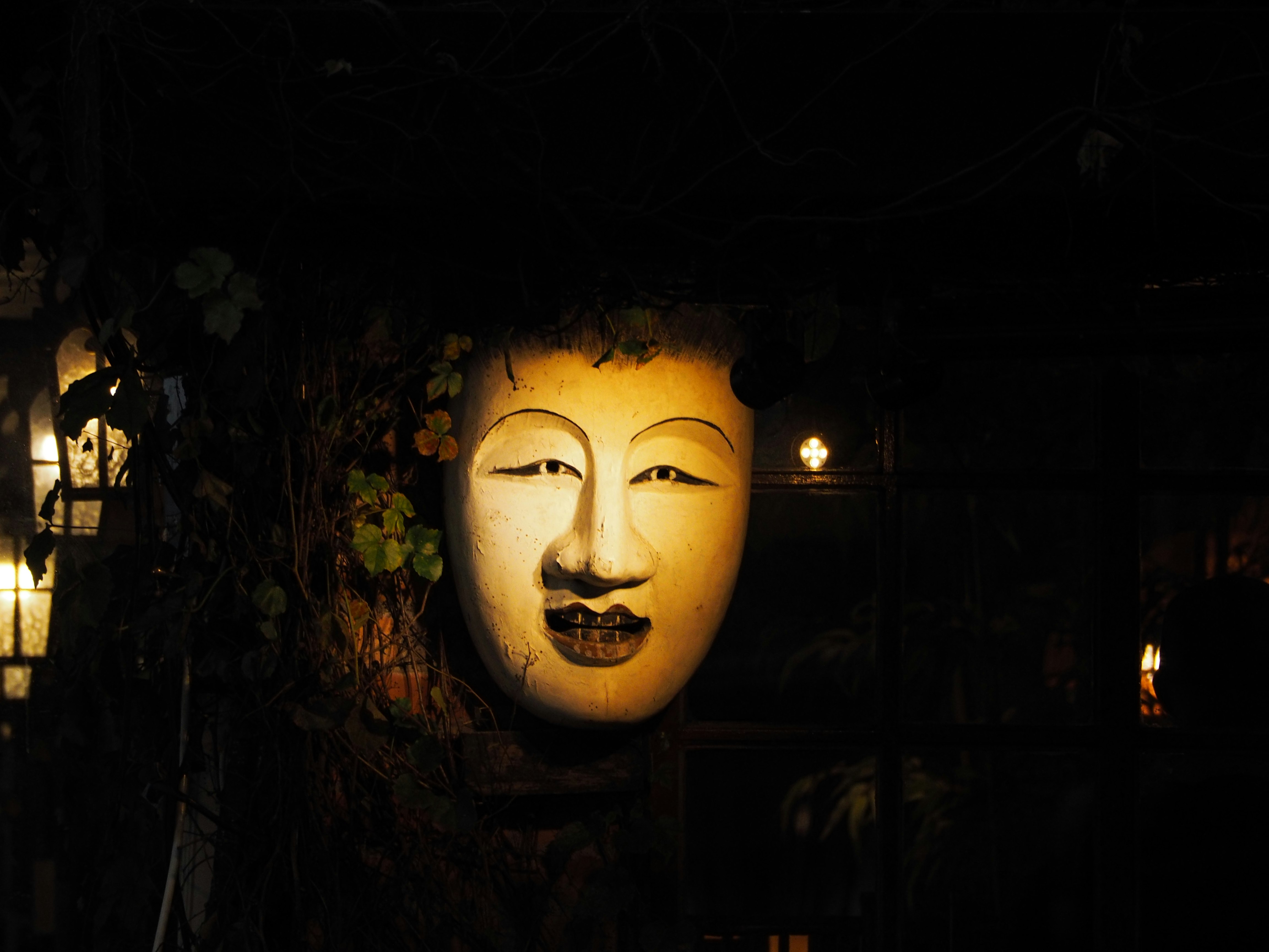 viso di maschera illuminato in un ambiente scuro