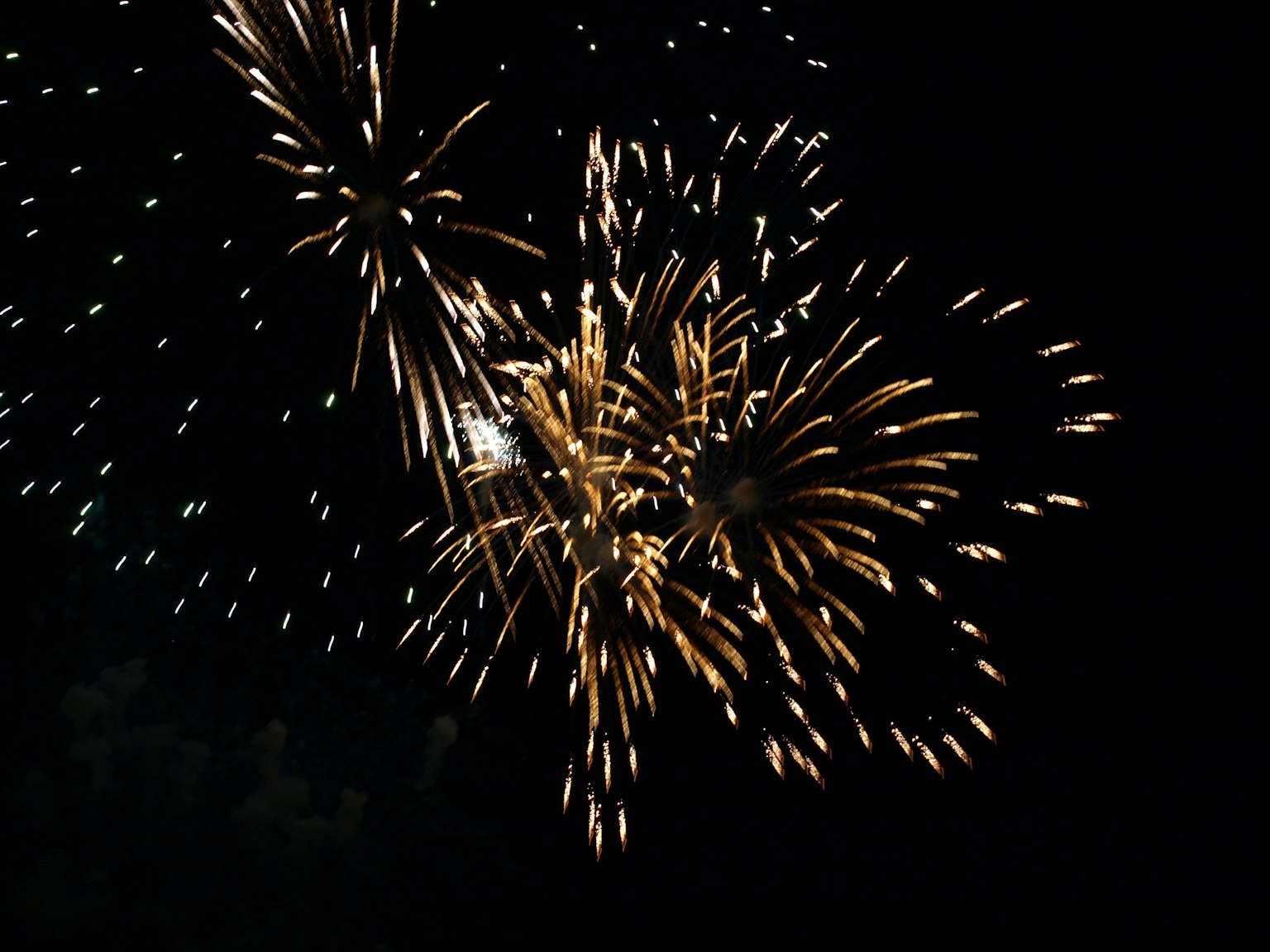Fuegos artificiales dorados estallando en el cielo nocturno