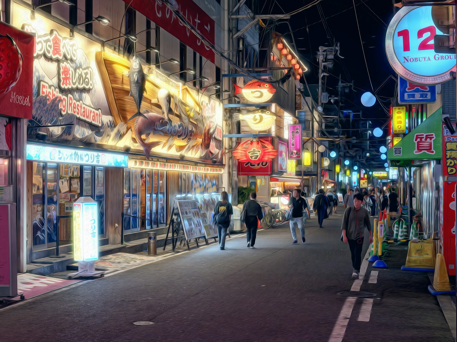 Jalan ramai di malam hari dengan tanda neon yang cerah dan pejalan kaki