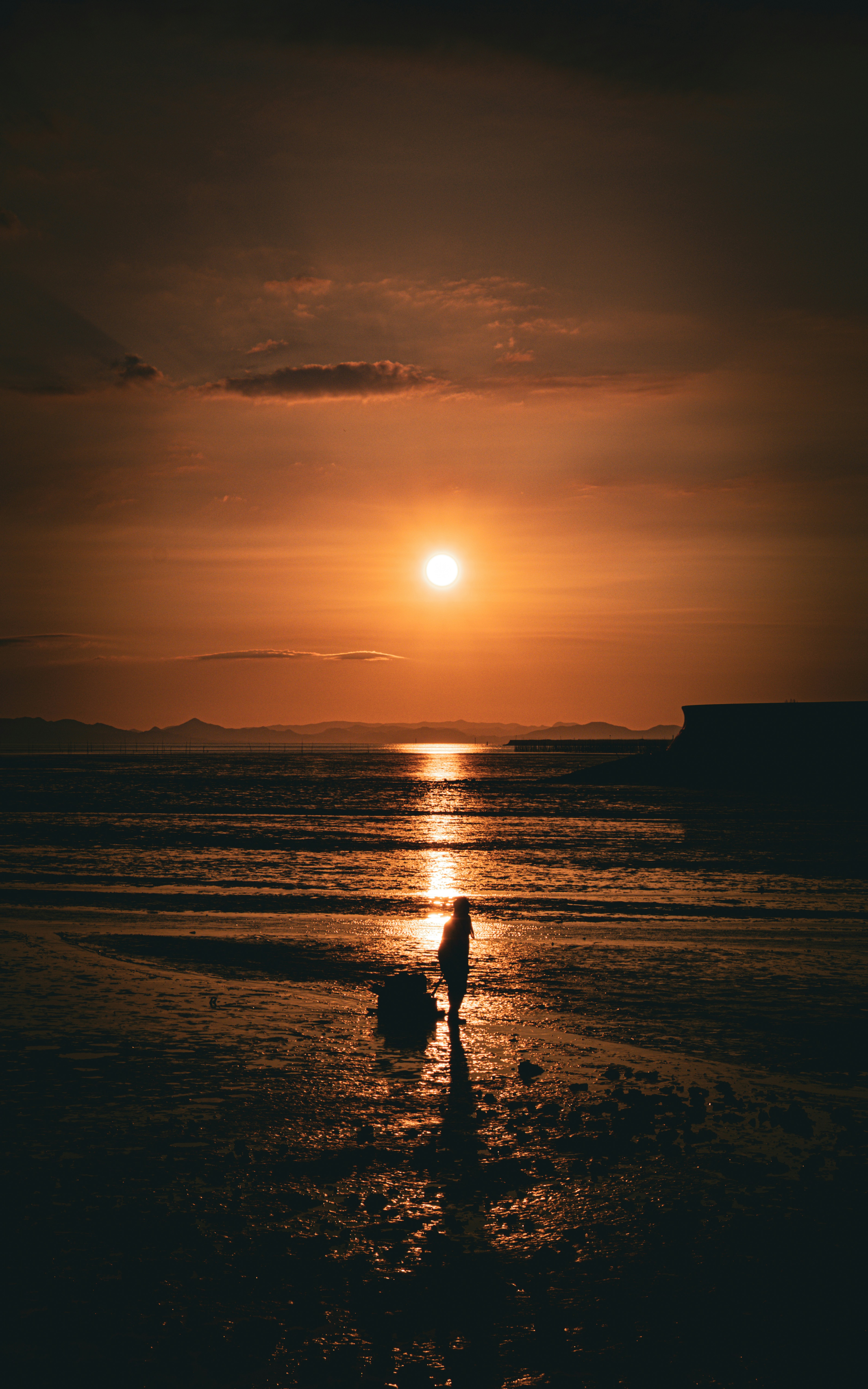 夕日に照らされる海辺を歩く人のシルエット