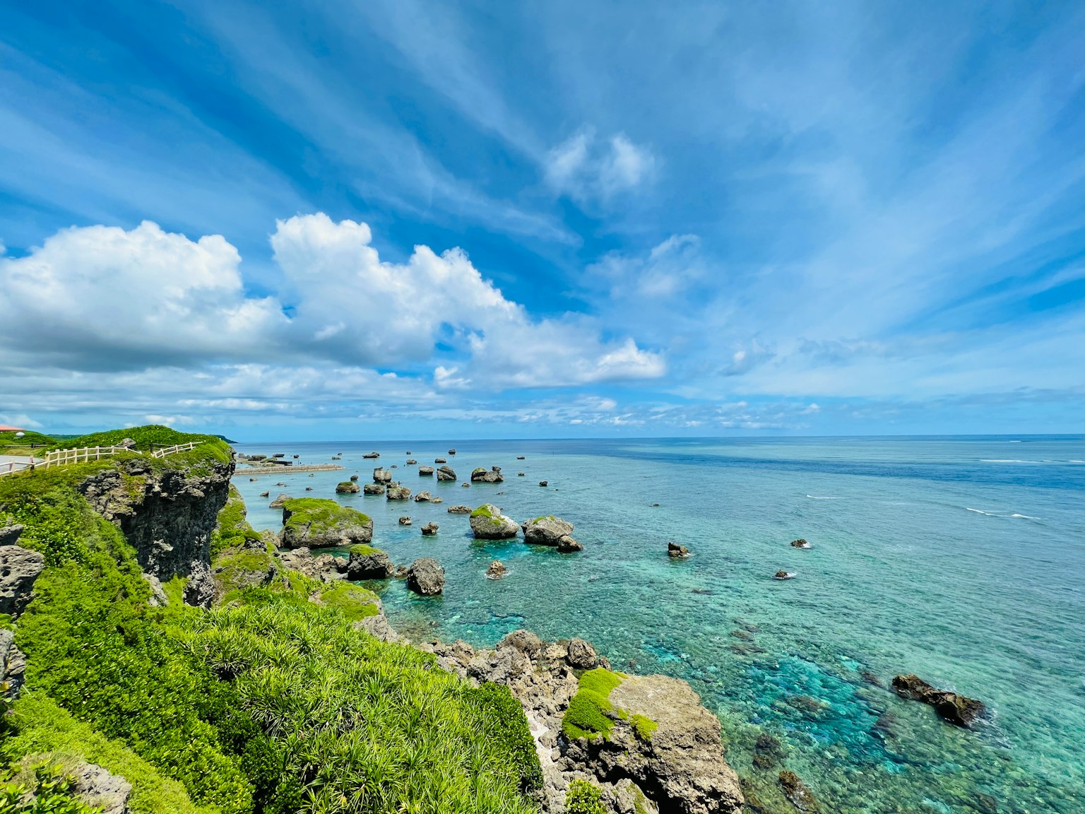 Beautiful coastal landscape with blue sea and scattered rocks