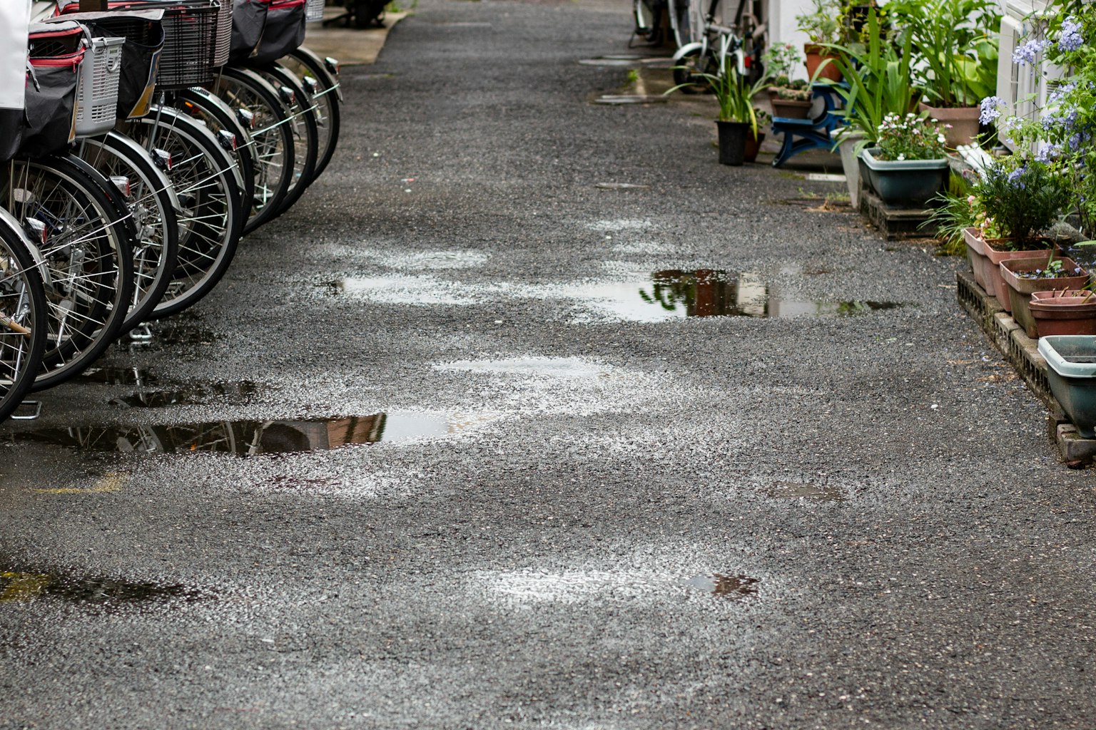 Nasser Asphaltweg mit Pfützen und aufgereihten Fahrrädern