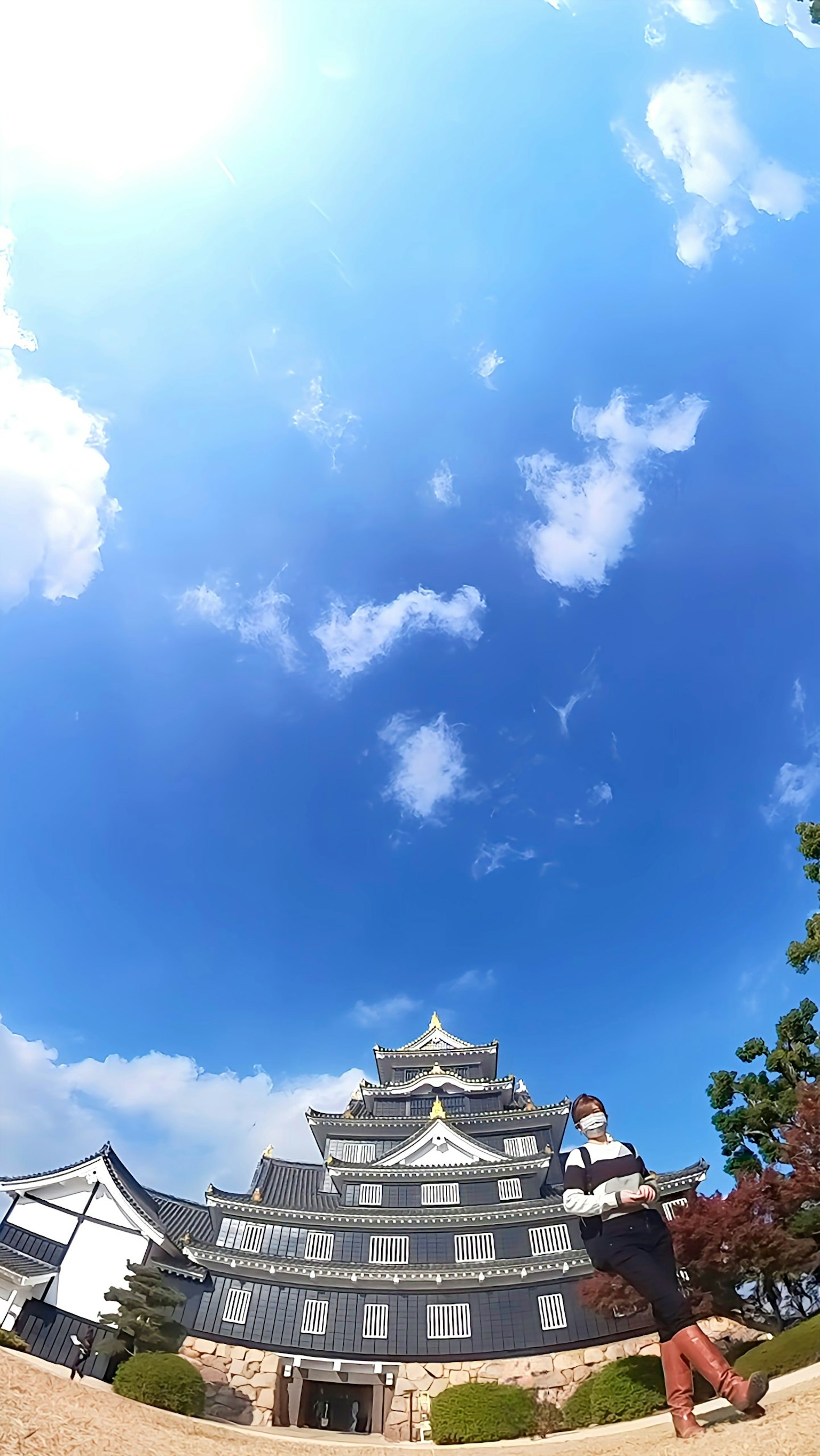 Blick auf ein schwarz-weißes Schloss unter einem blauen Himmel