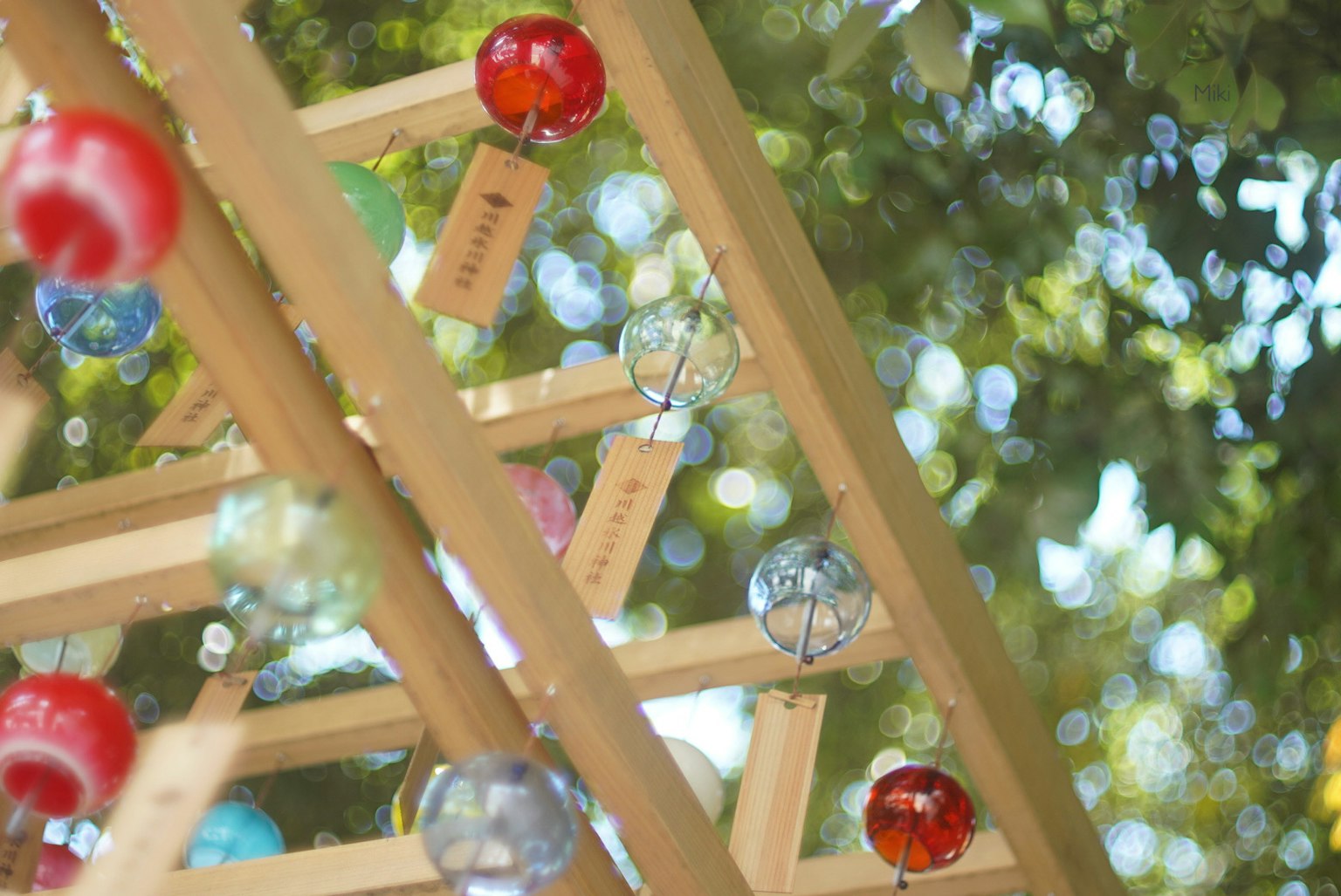 Boules en verre colorées suspendues à une structure en bois entourée de verdure