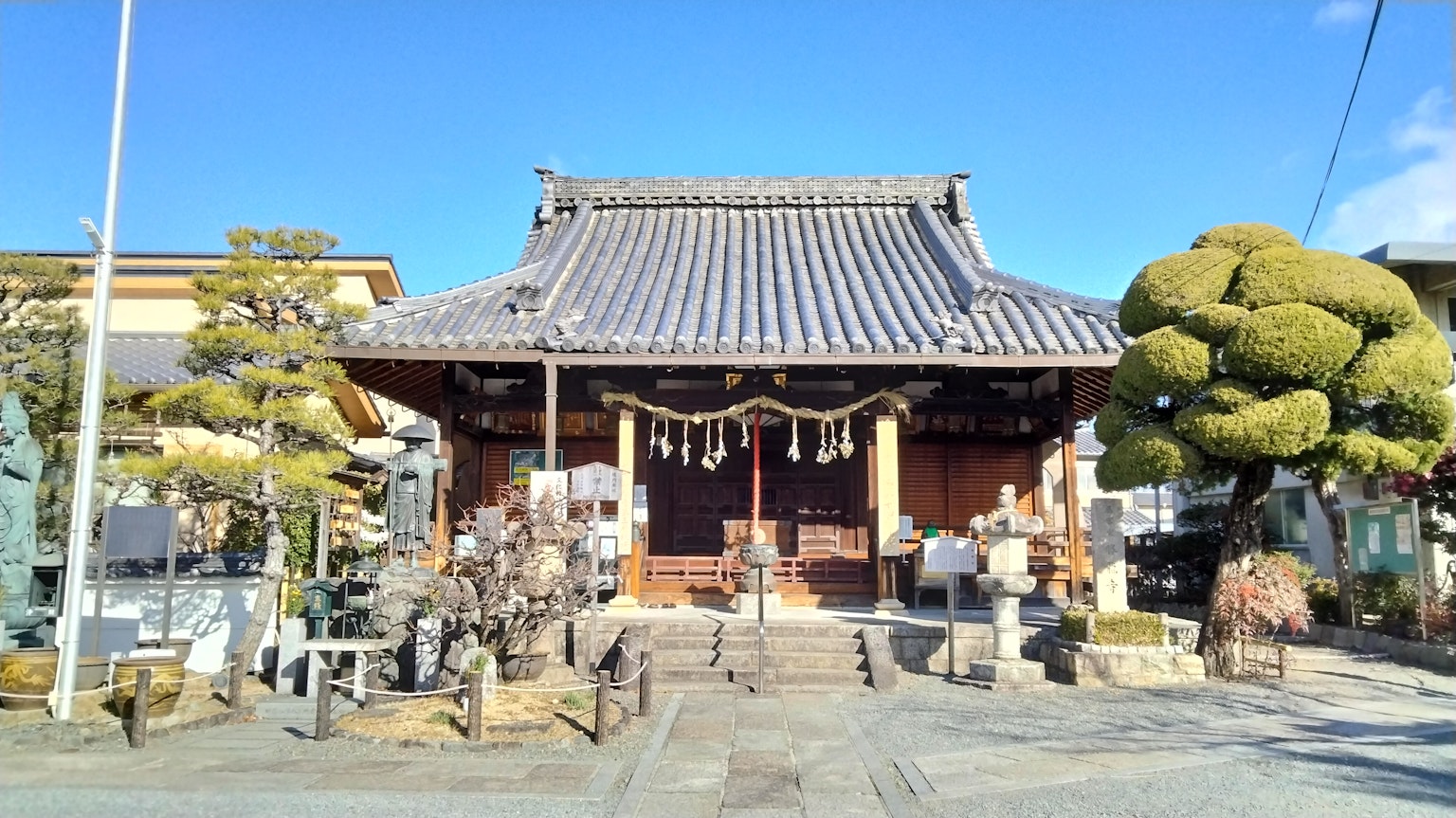 Traditional Japanese temple exterior under a clear blue sky