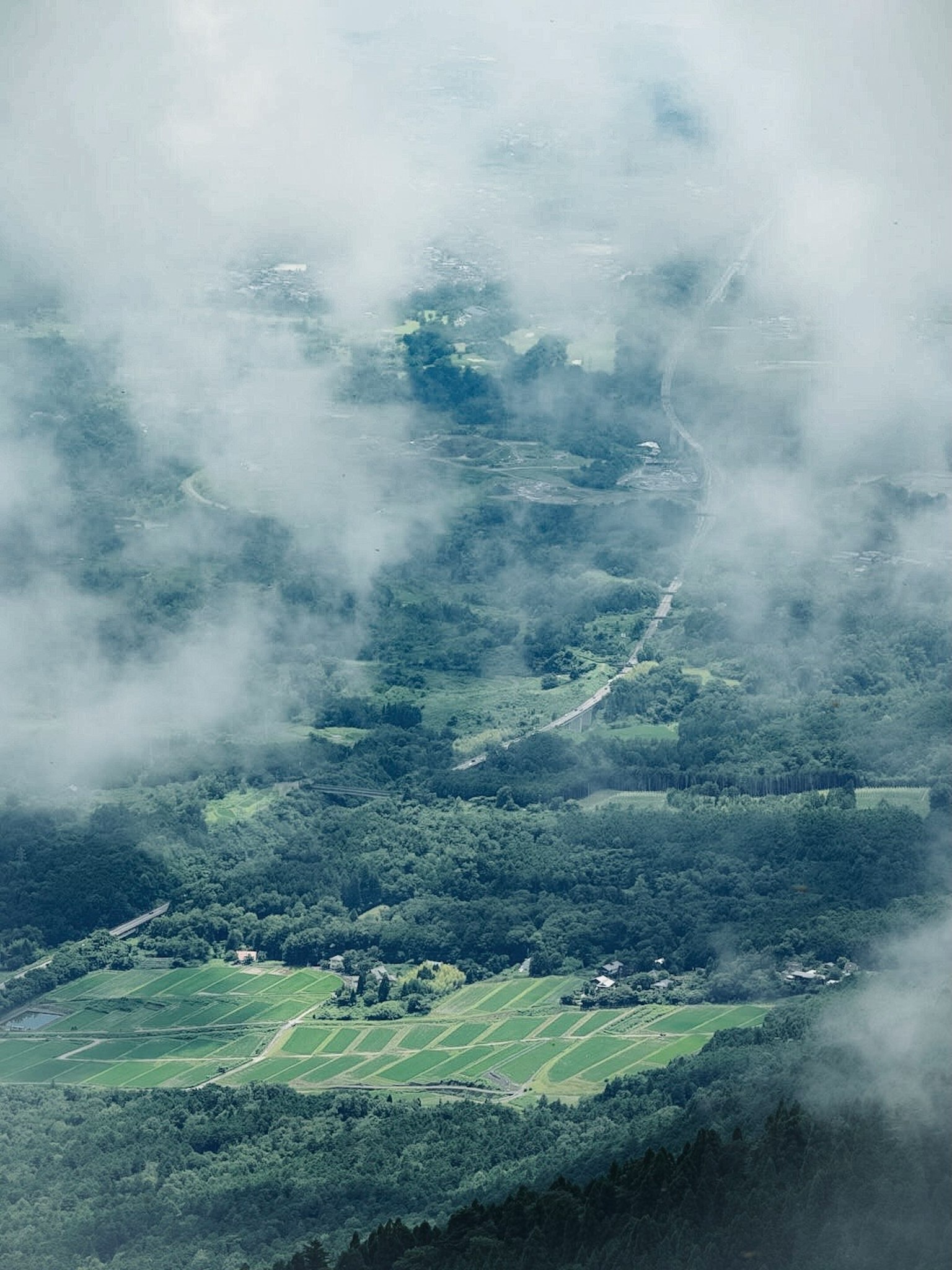 Aerial view of lush green landscape and farmland surrounded by clouds