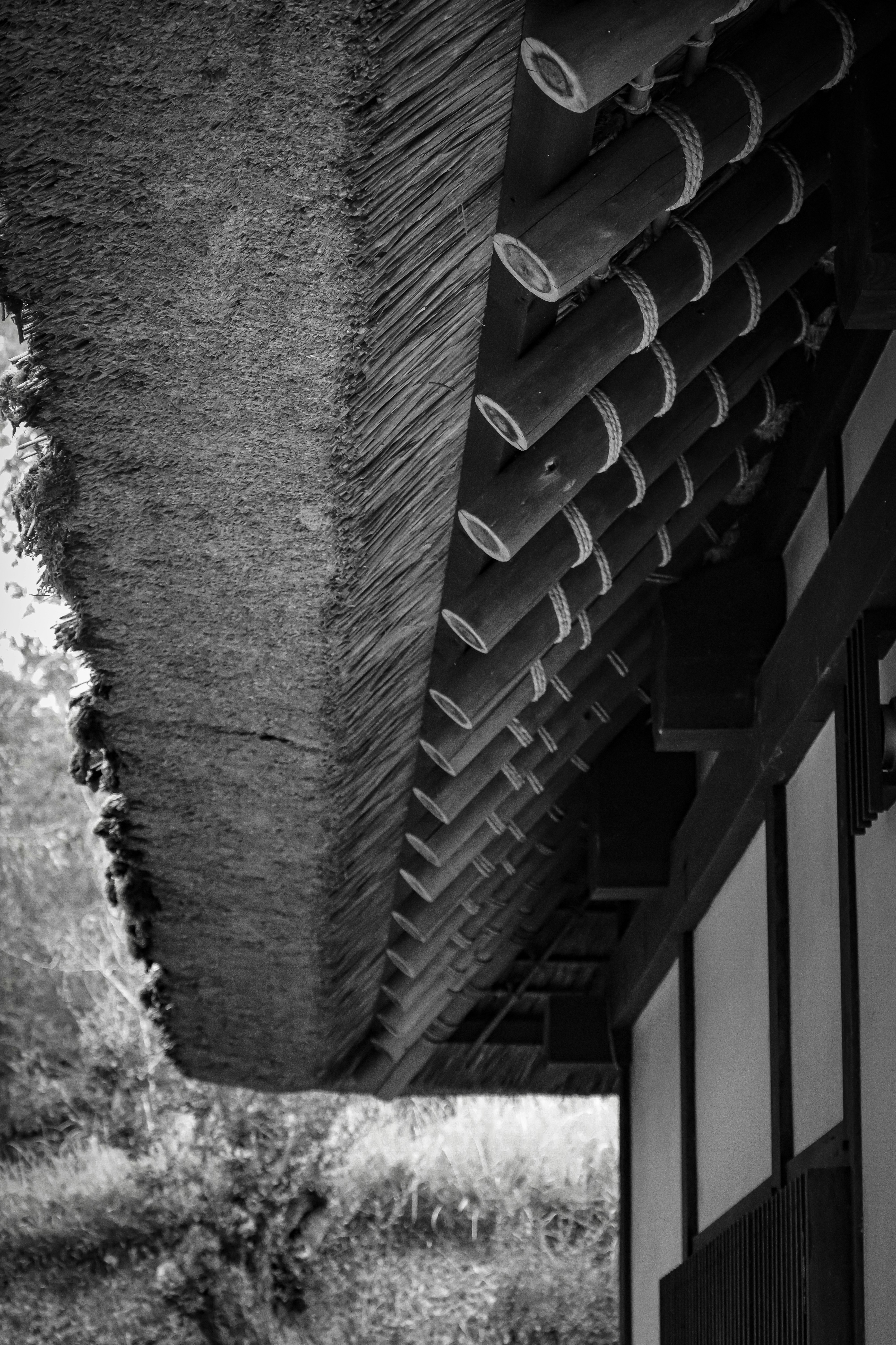 影の中の屋根の縁と格子のある建物外観