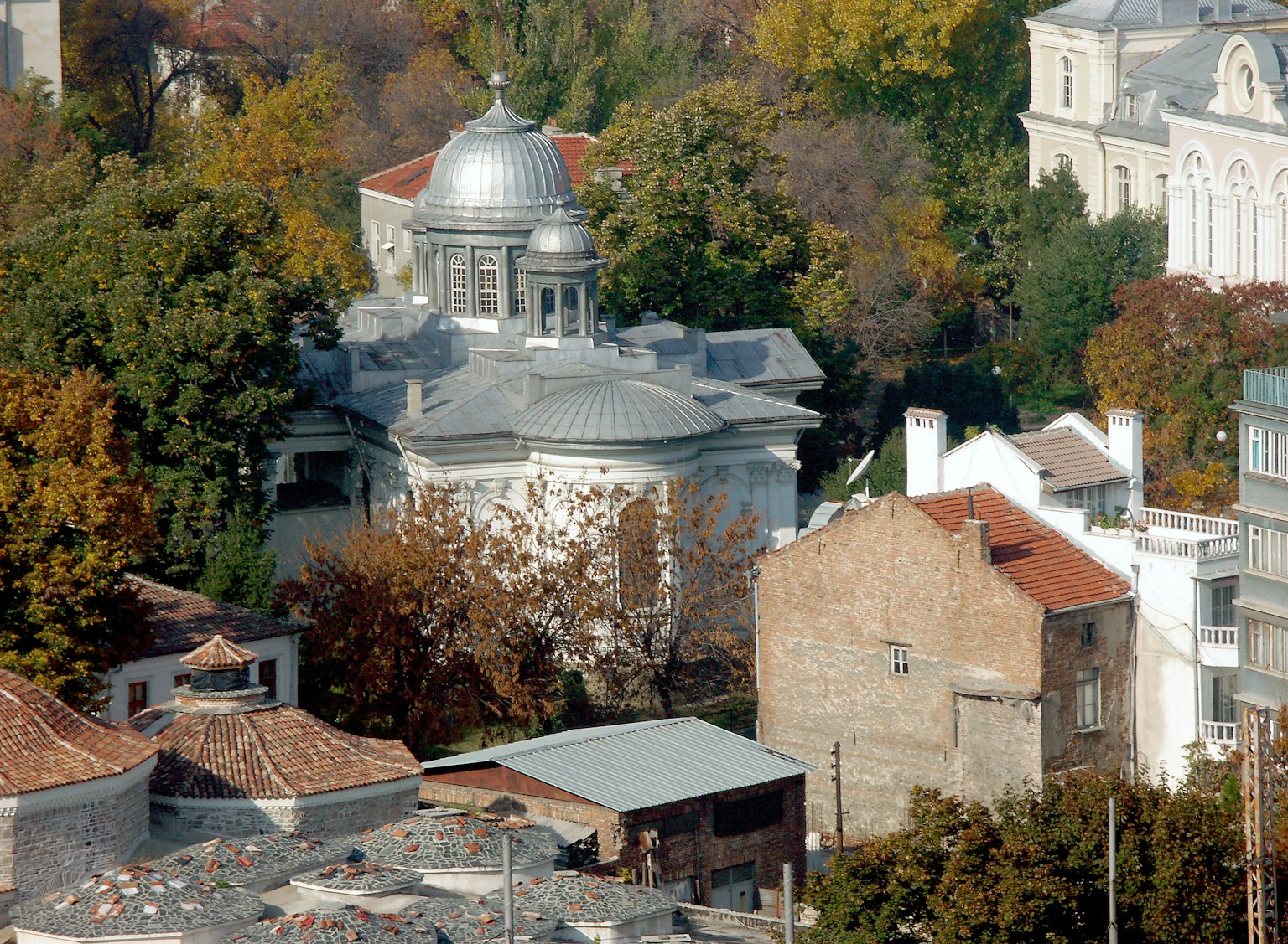 Vista aerea di un edificio a forma di cupola circondato da alberi autunnali e case vicine
