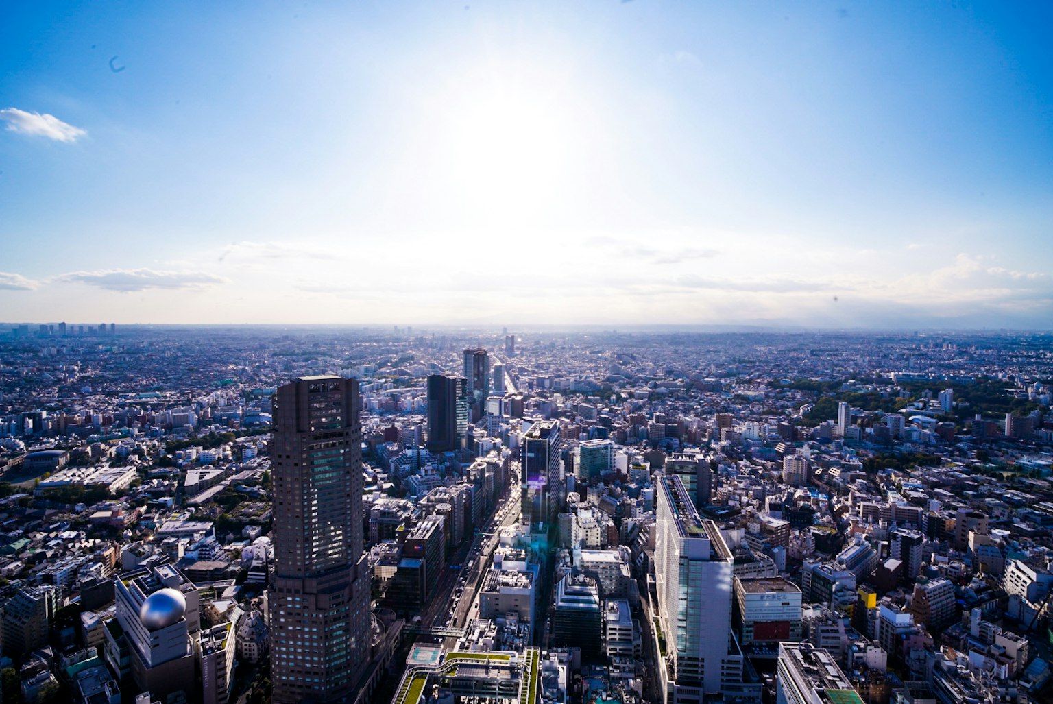 Pemandangan panorama dari garis langit Tokyo dengan gedung pencakar langit dan langit biru cerah