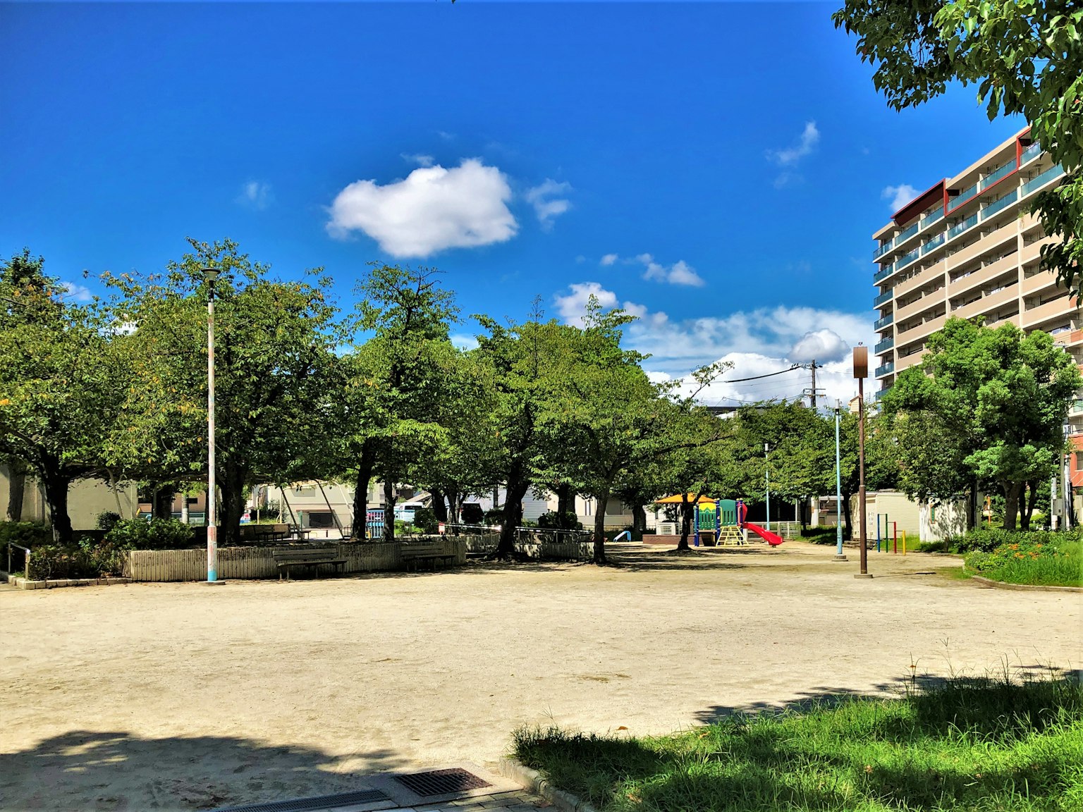 Vista di un parco con alberi verdi sotto un cielo blu e nuvole bianche