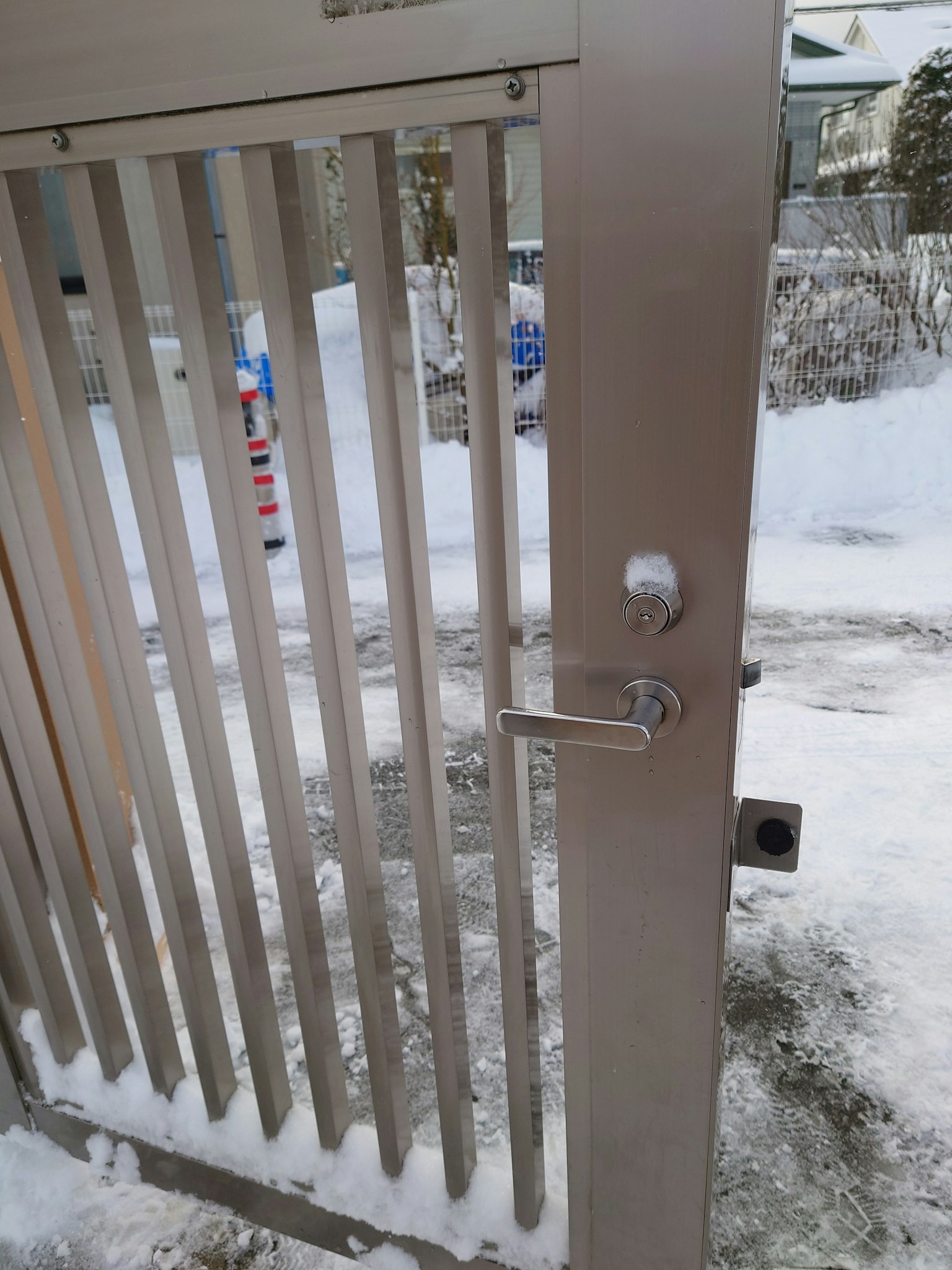 Primo piano di un cancello in metallo nella neve