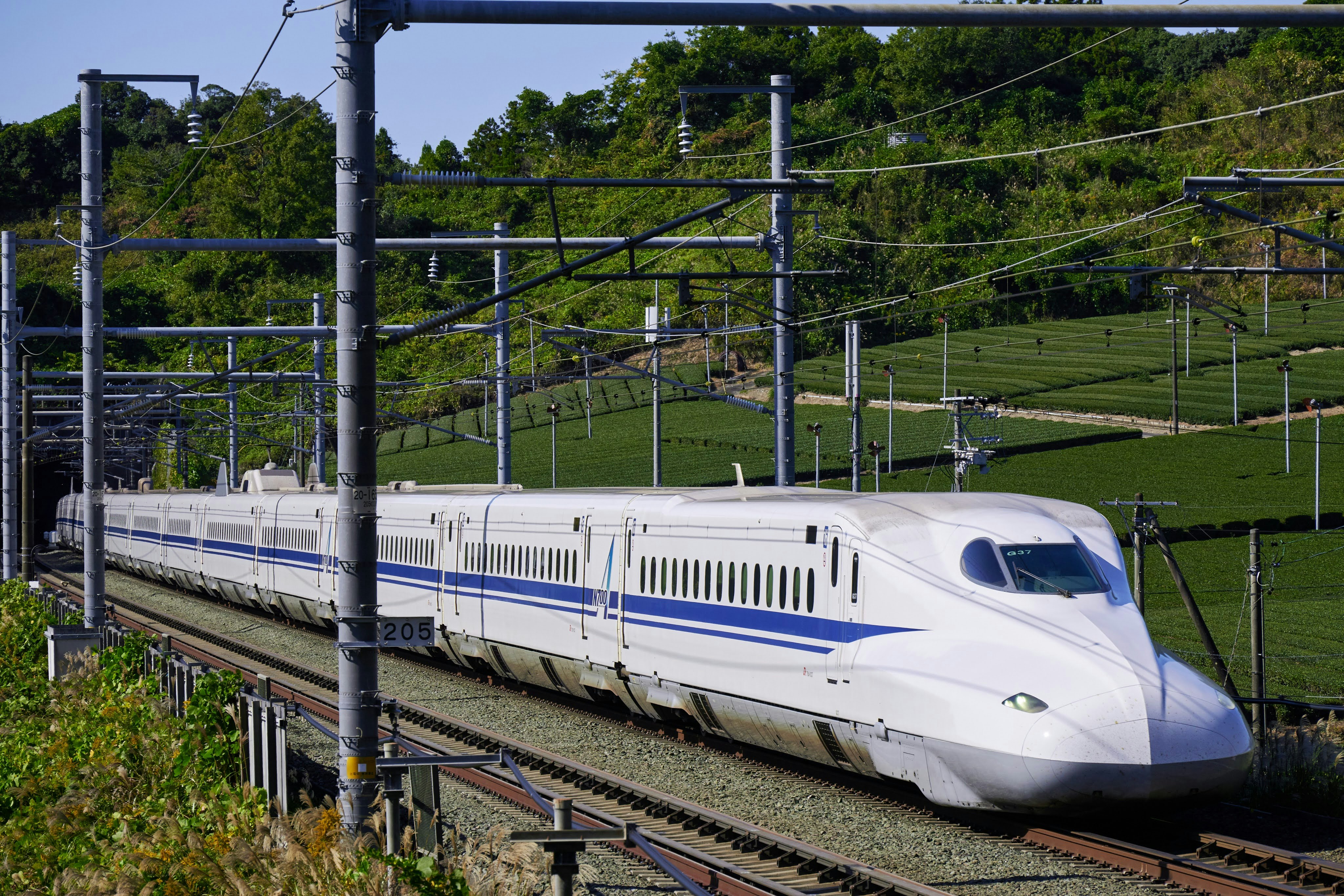 Treno ad alta velocità in corsa su binari con cavi aerei davanti a colline verdi
