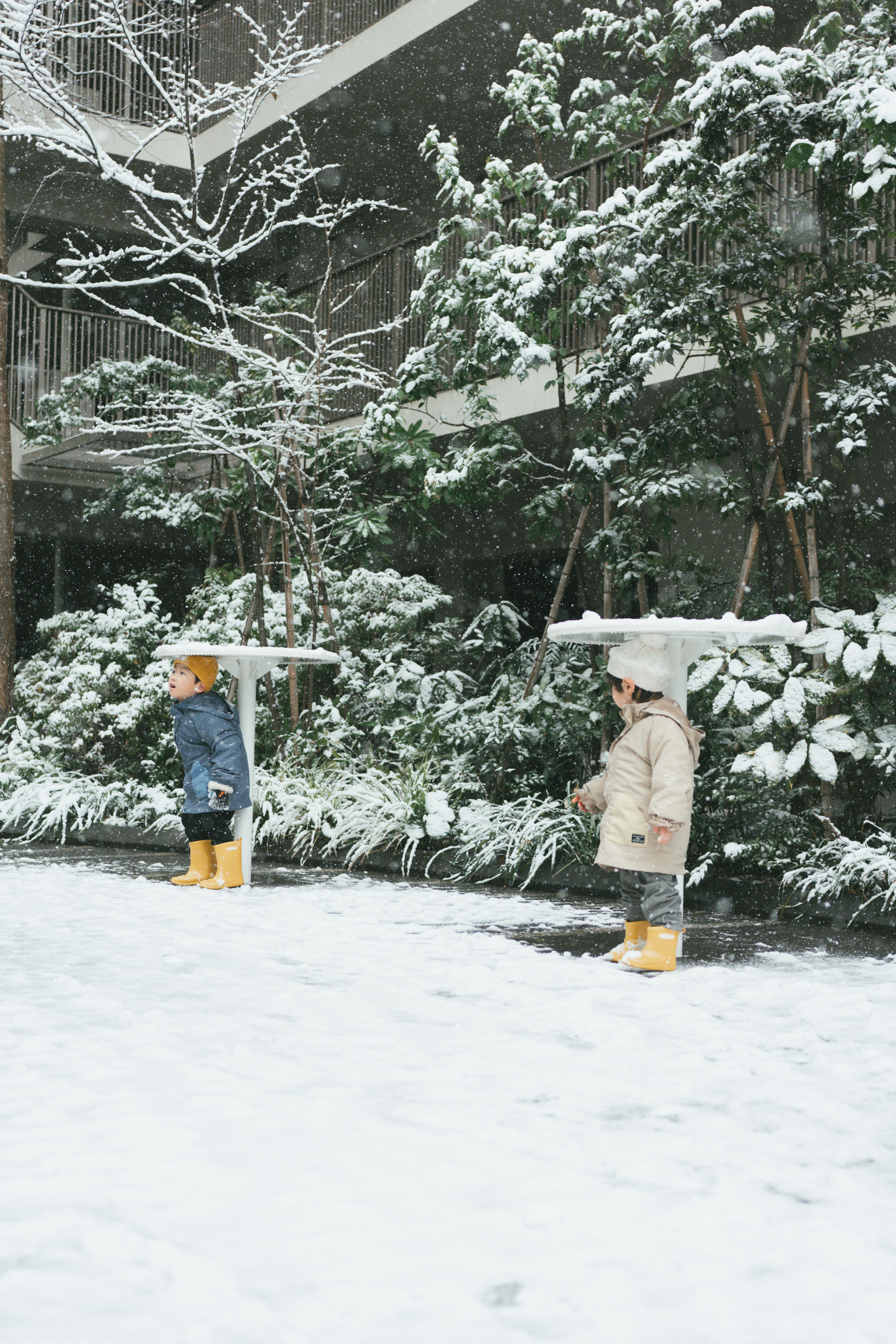 雪の公園で手袋をして並ぶふたりの子ども