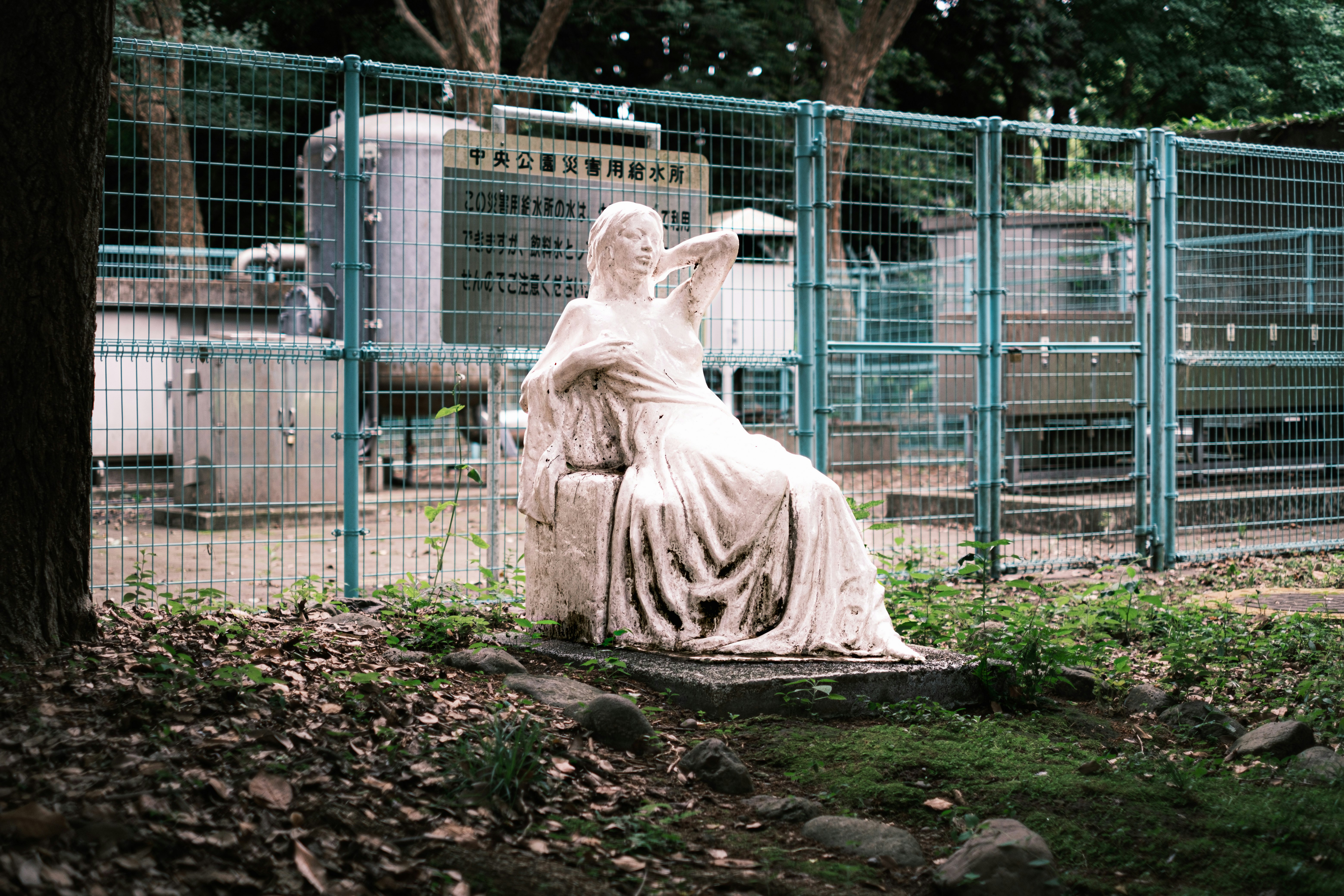 sculpture statue on grass in a fenced garden