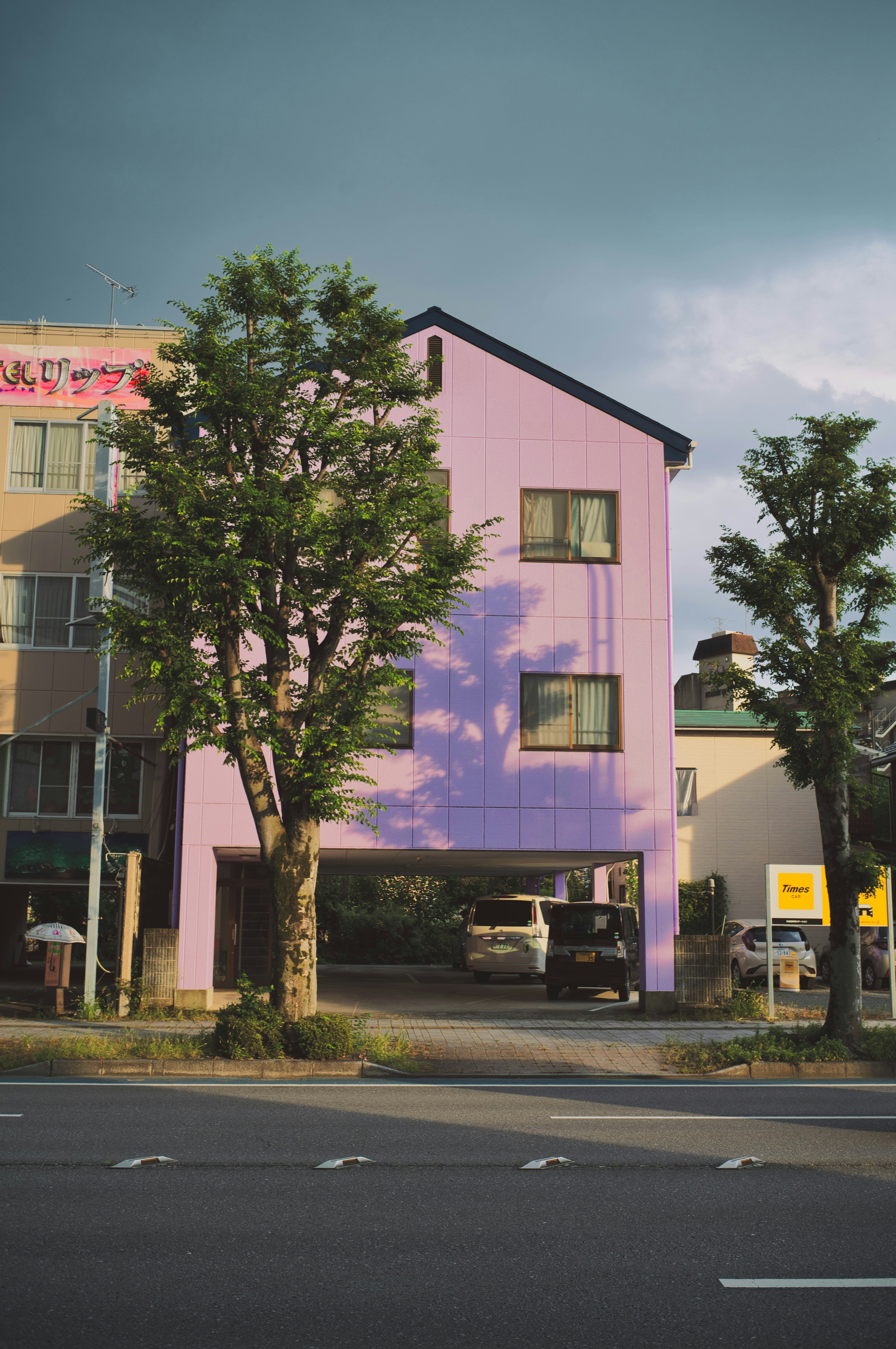 道路沿いに建つピンクの外壁の建物と街路樹