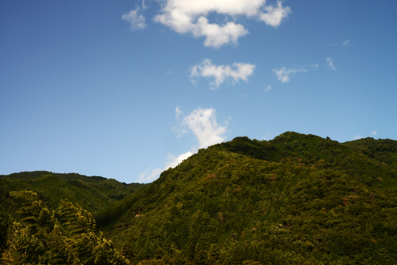 Paesaggio con montagne verdi sotto un cielo blu