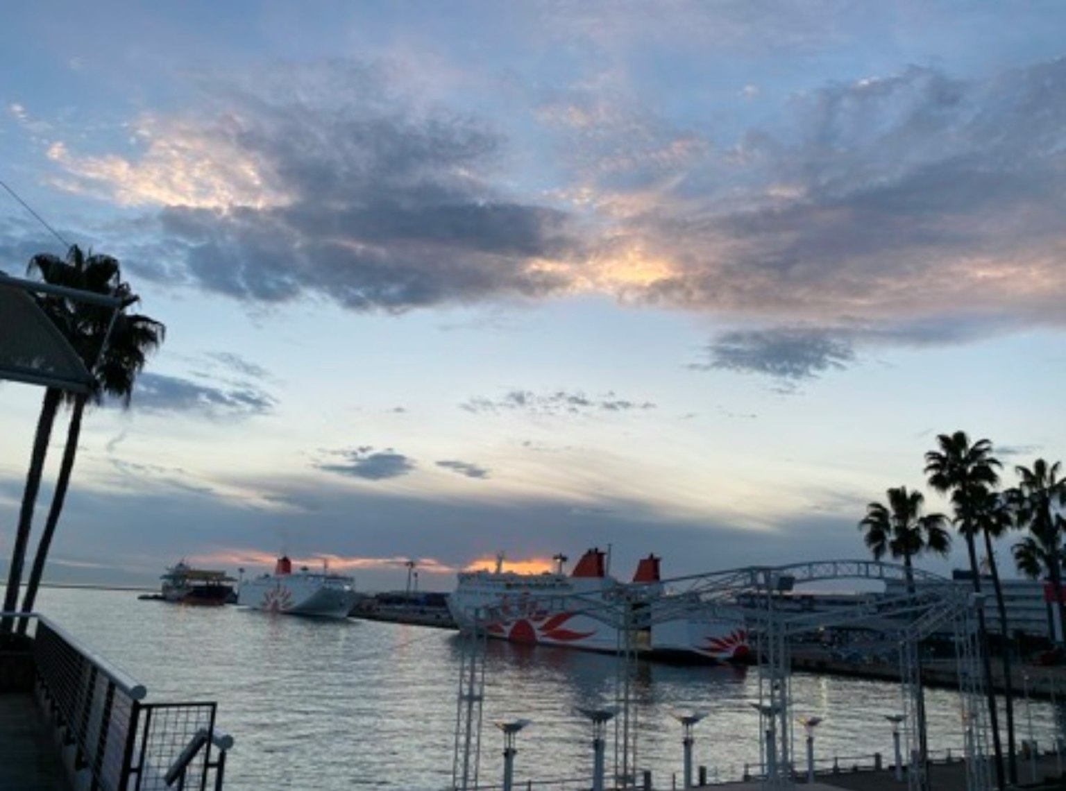 Sunset view of the sea with boats and palm trees