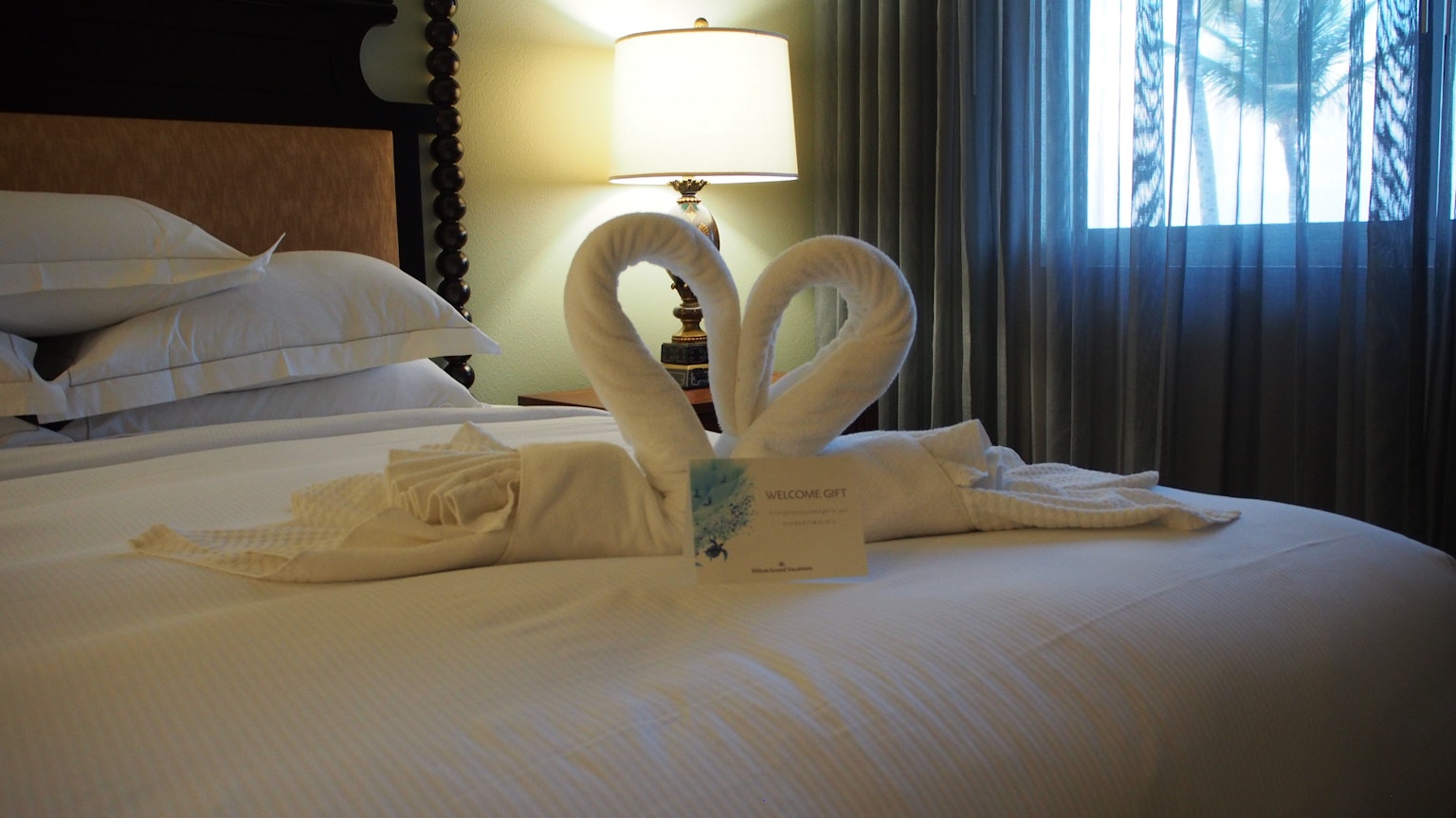 Cisnes de toalla dispuestos en forma de corazón sobre una cama