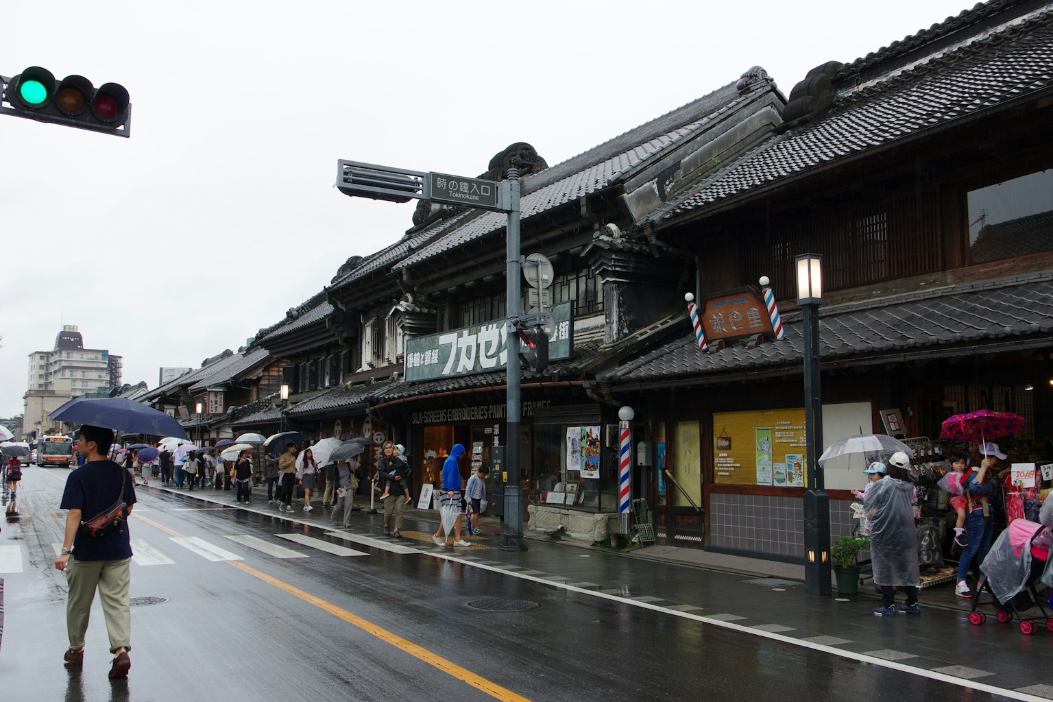 ถนนช็อปปิ้งแบบดั้งเดิมของญี่ปุ่นในวันที่มีฝนตกพร้อมผู้คนที่ถือร่มและอาคารเก่า