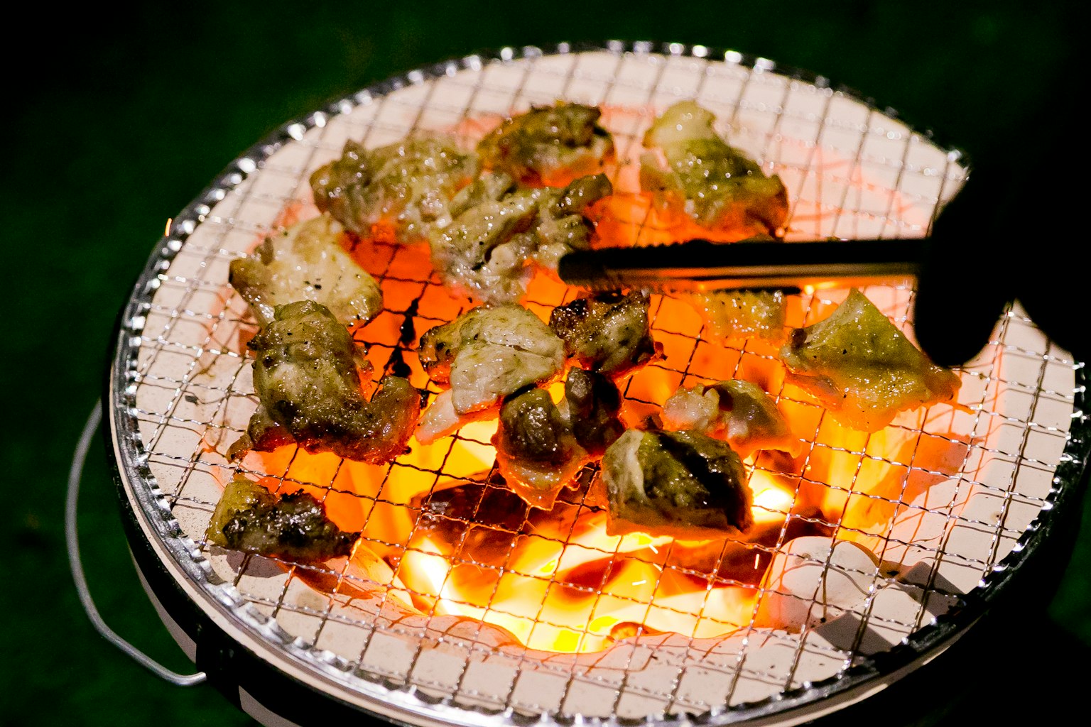 Grilled food on a barbecue grill with glowing coals