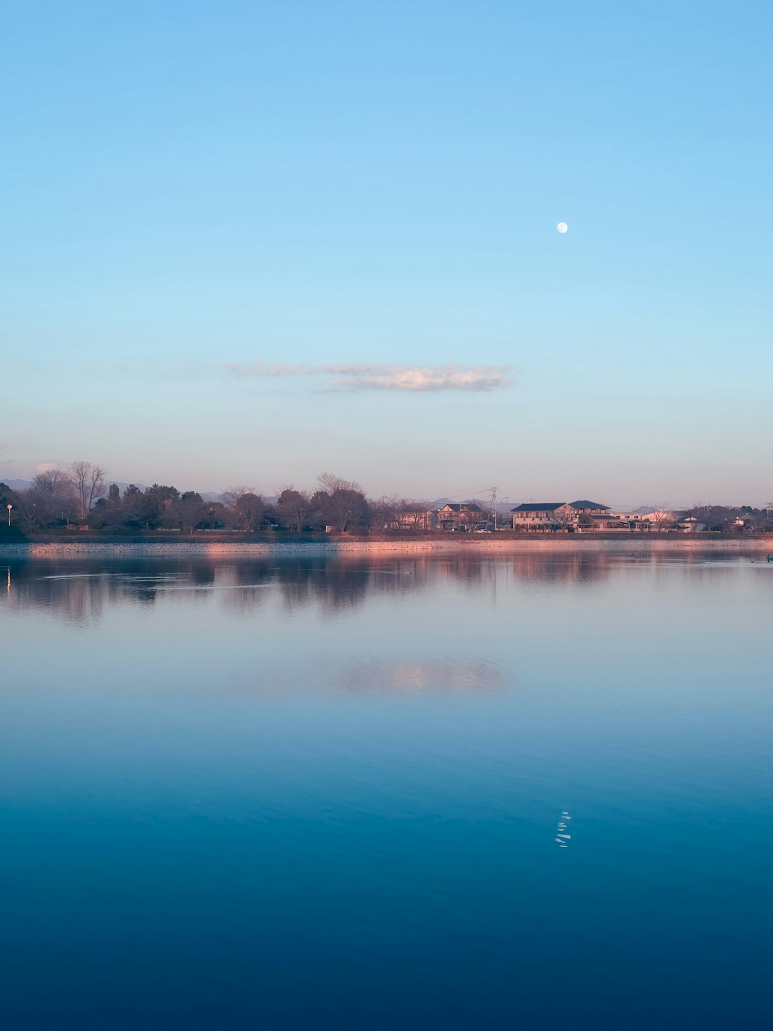 Serene lake view with blue sky Moon visible and soft clouds present