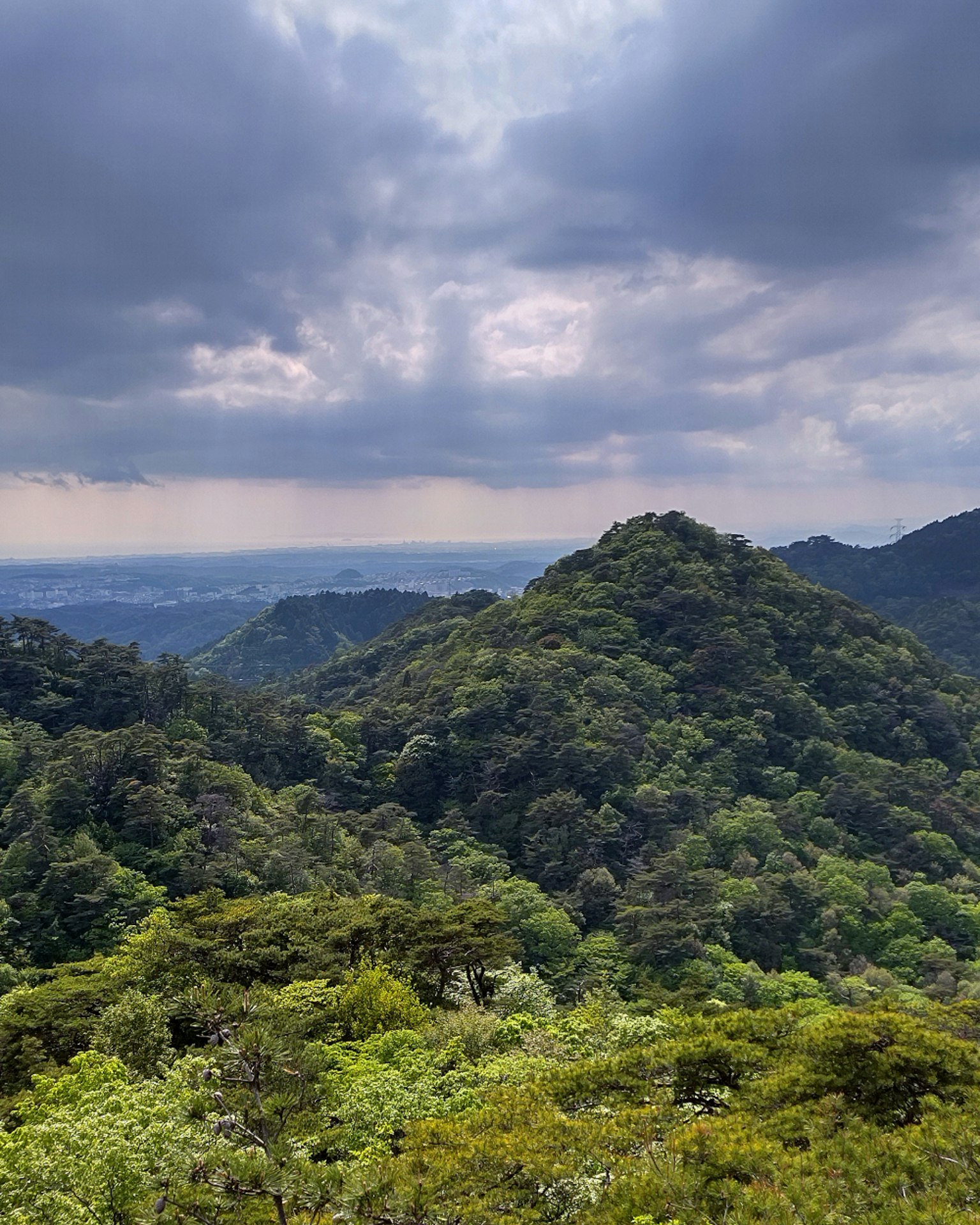 Gunung hijau subur di bawah langit mendung
