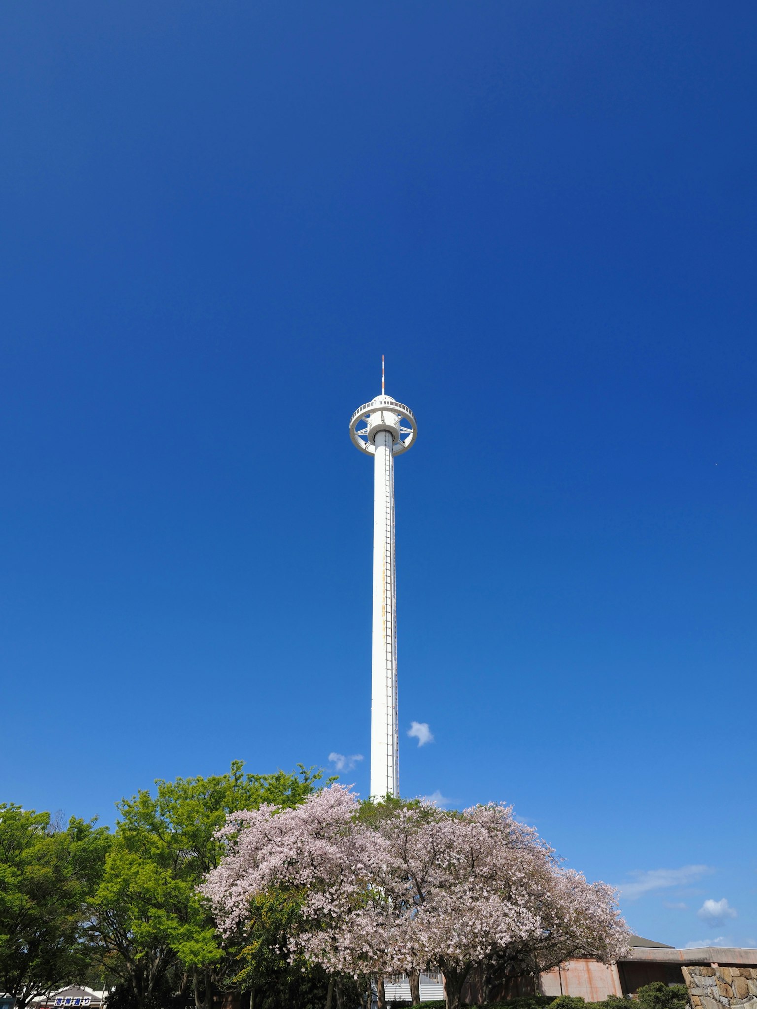 Torre blanca bajo un cielo azul claro con árbol de cerezo