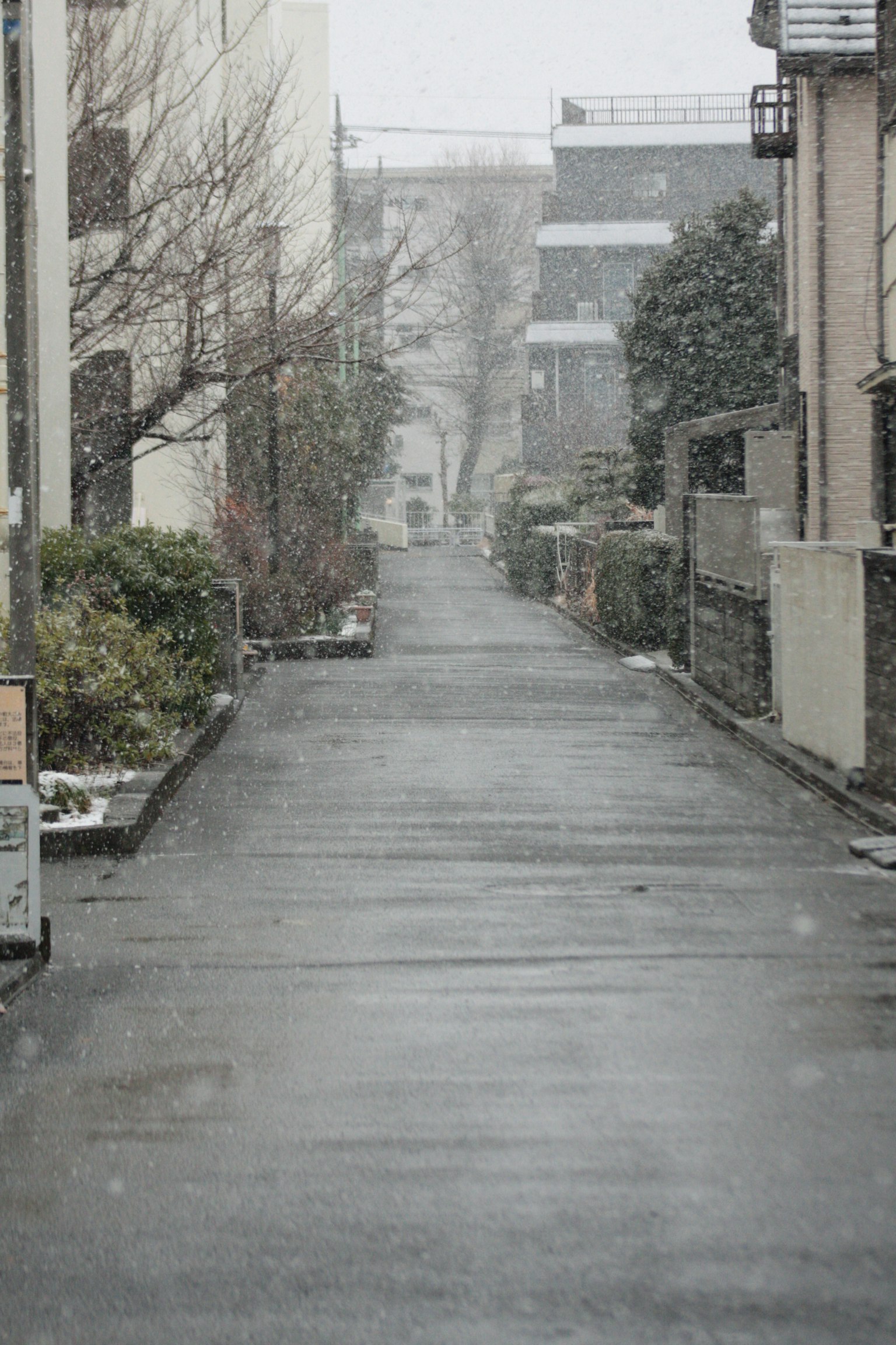 Ruhige Straßenszene mit fallendem Schnee