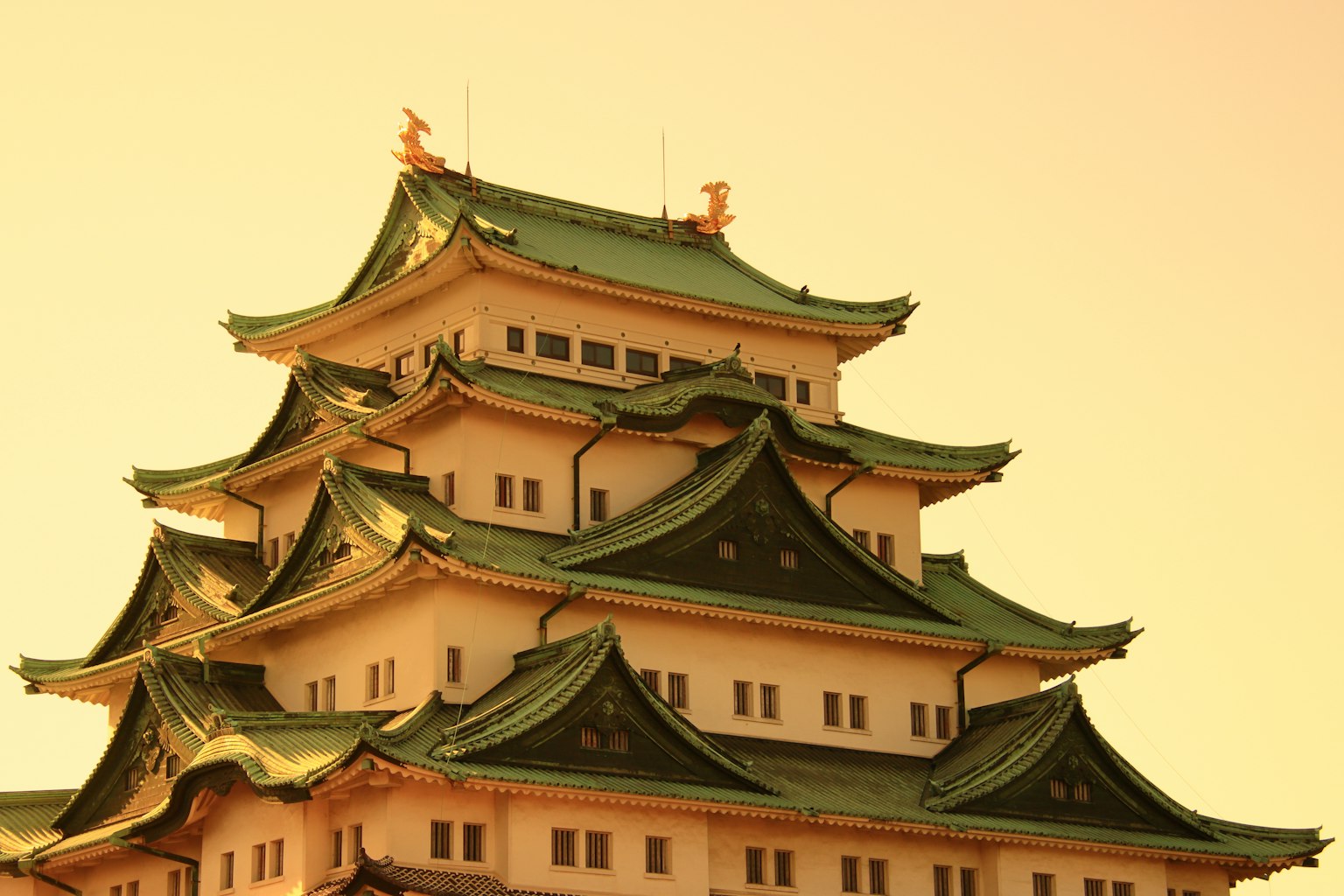 Castello di Nagoya con bellissimi tetti contro un tramonto