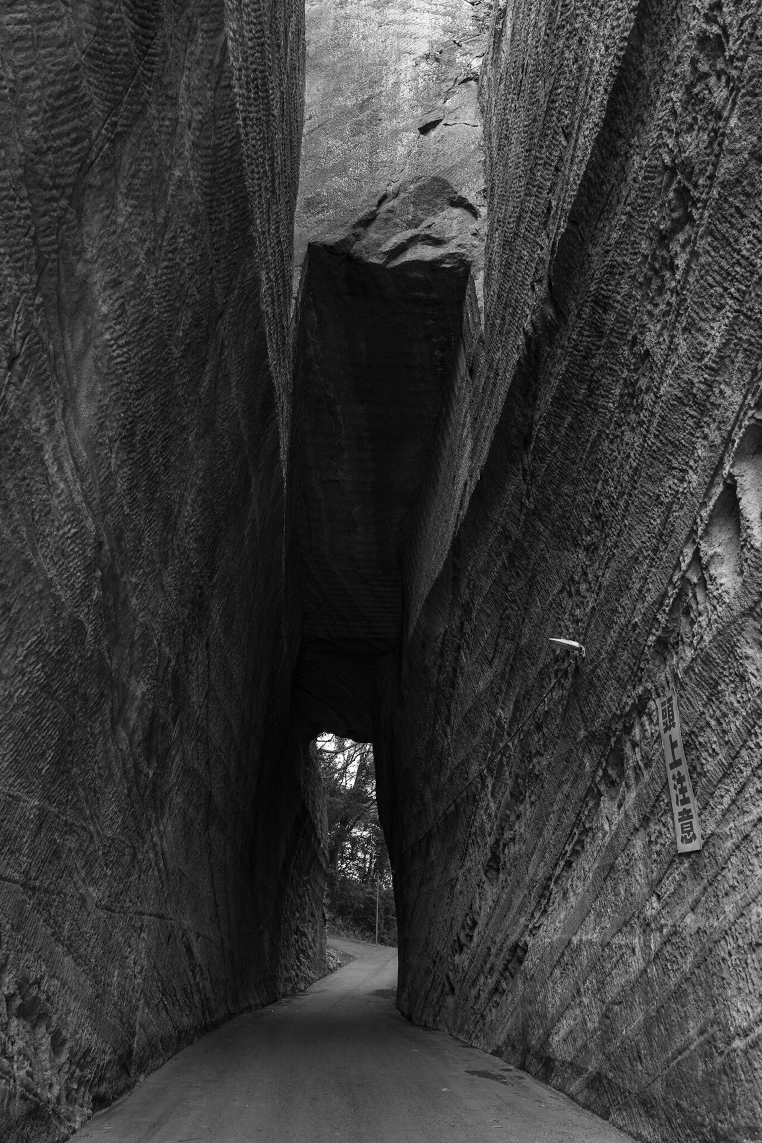 Narrow canyon pathway with towering rock walls in black and white