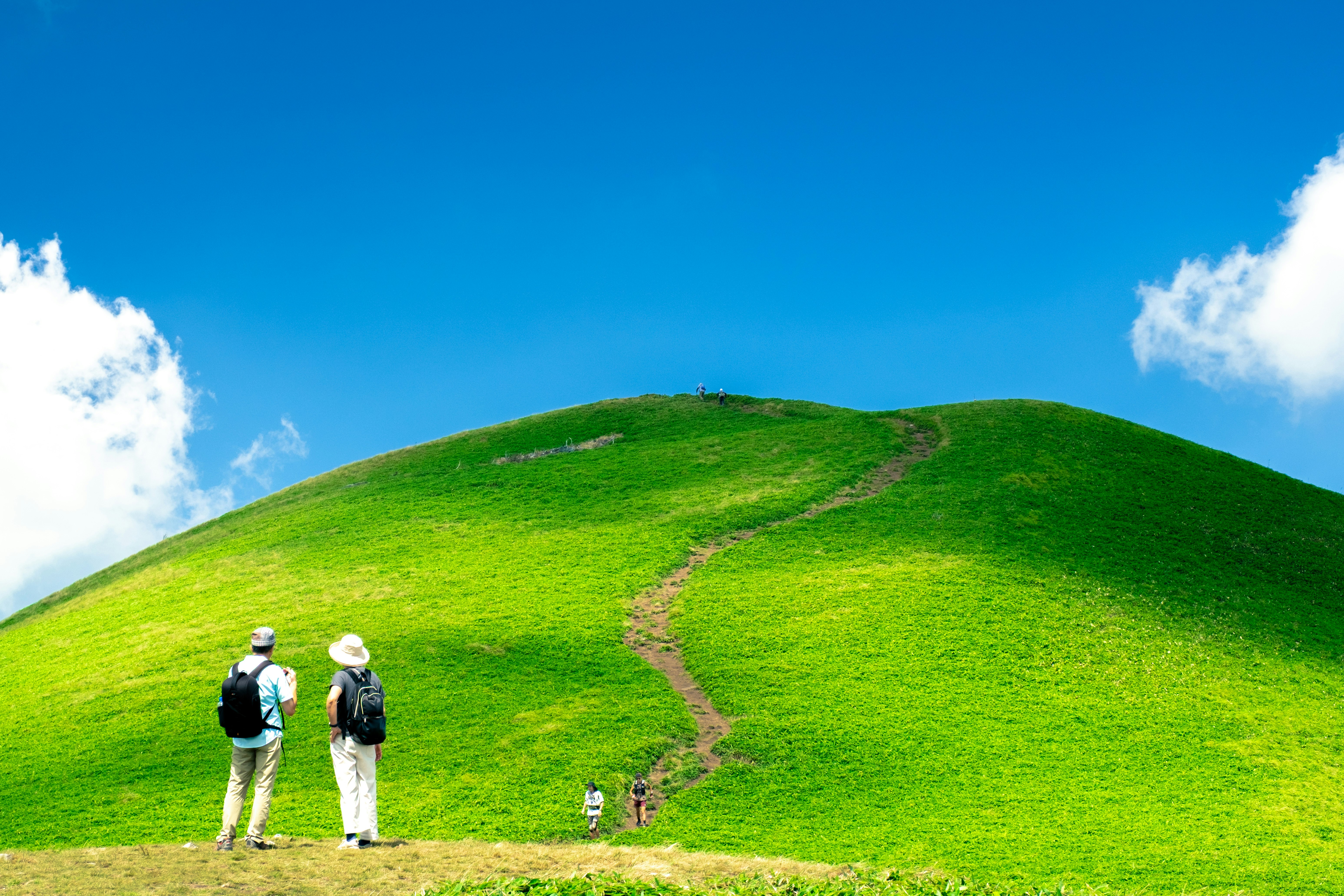 緑の丘に続く小道を歩く登山者の風景