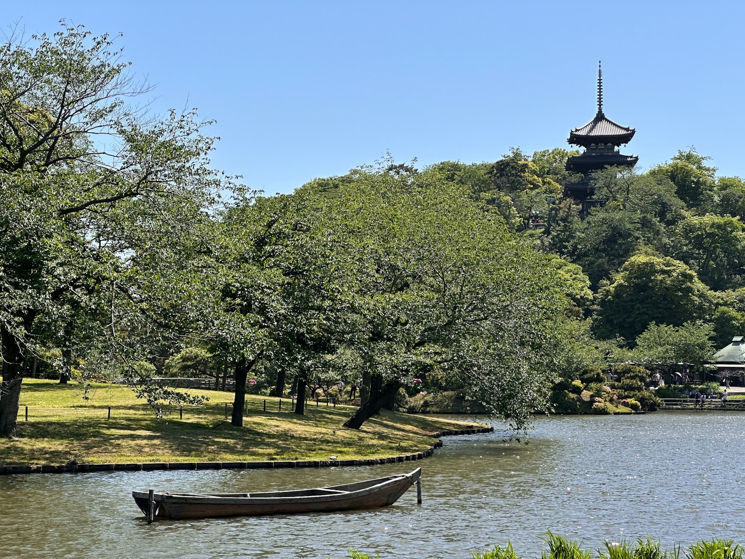 Un étang serein avec un petit bateau et des arbres verdoyants en arrière-plan