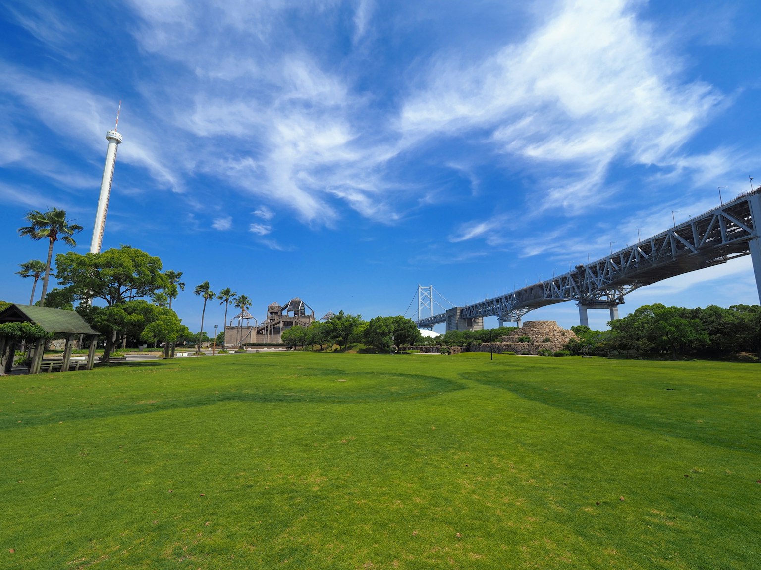 綠色公園在藍天和白雲下以及高架橋