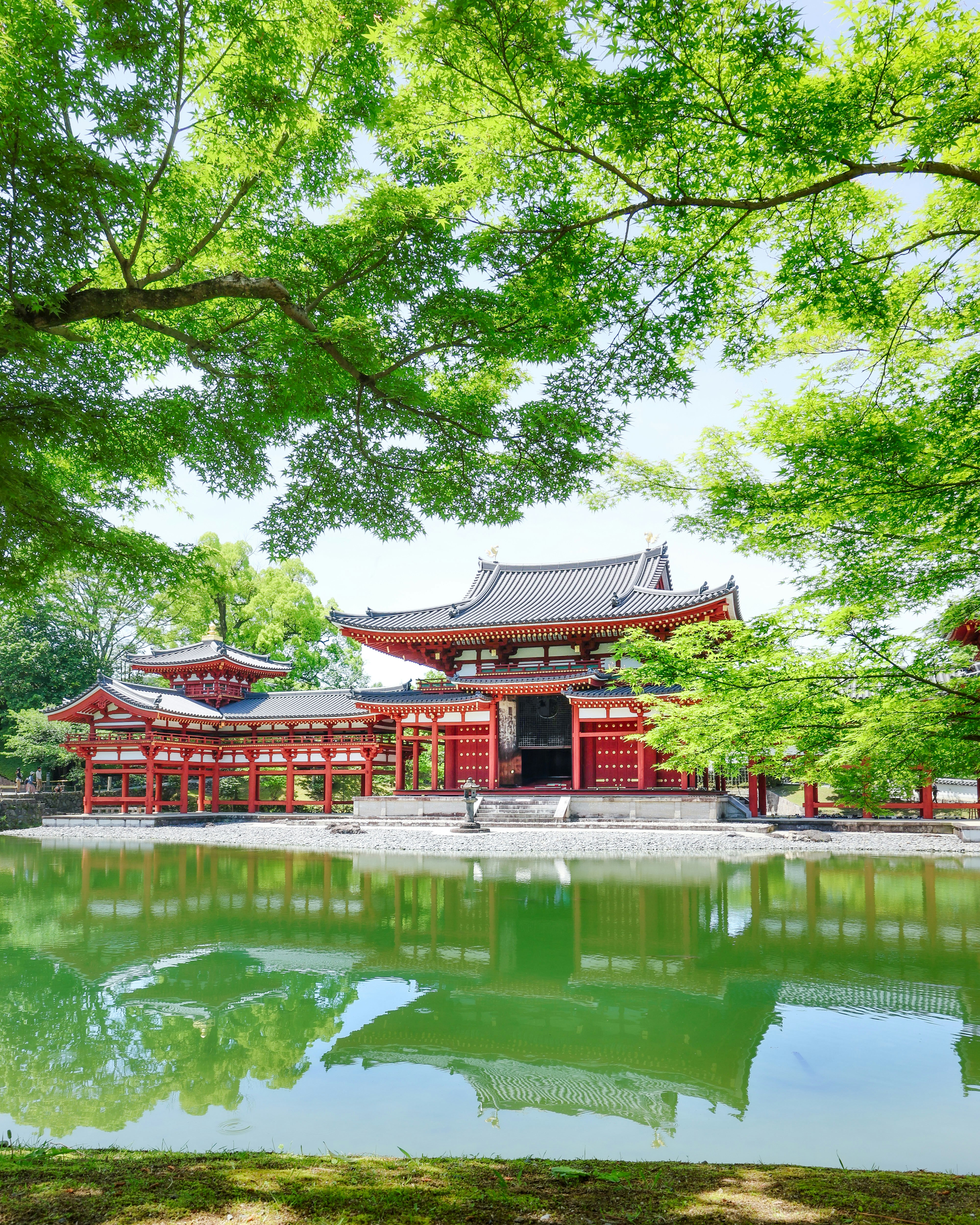 緑の木々に囲まれた池のほとりの朱塗りの寺院建築