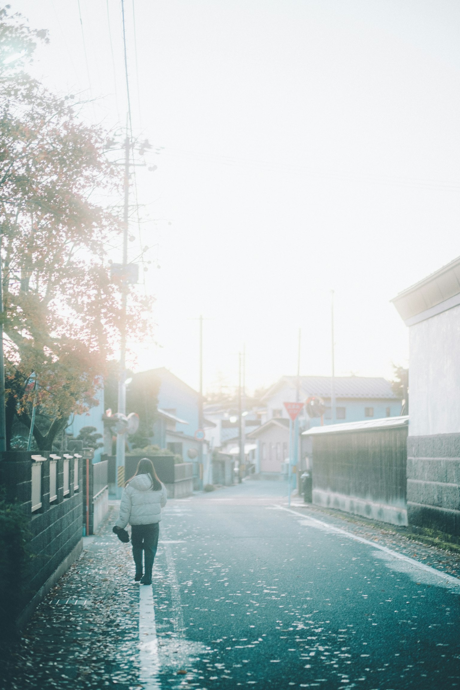 一个人在柔和的光线中走过安静的街道，地上有落叶