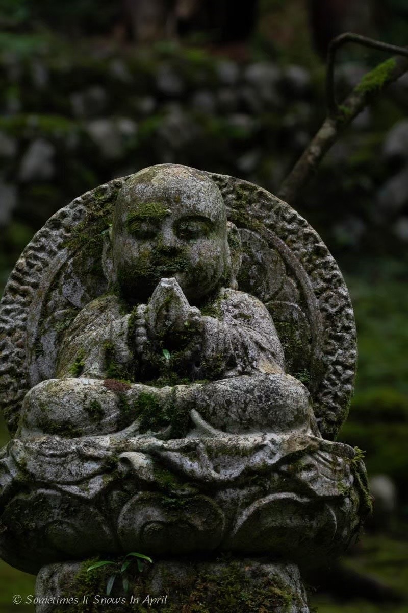 苔むした石仏の表情と手元の蓮座